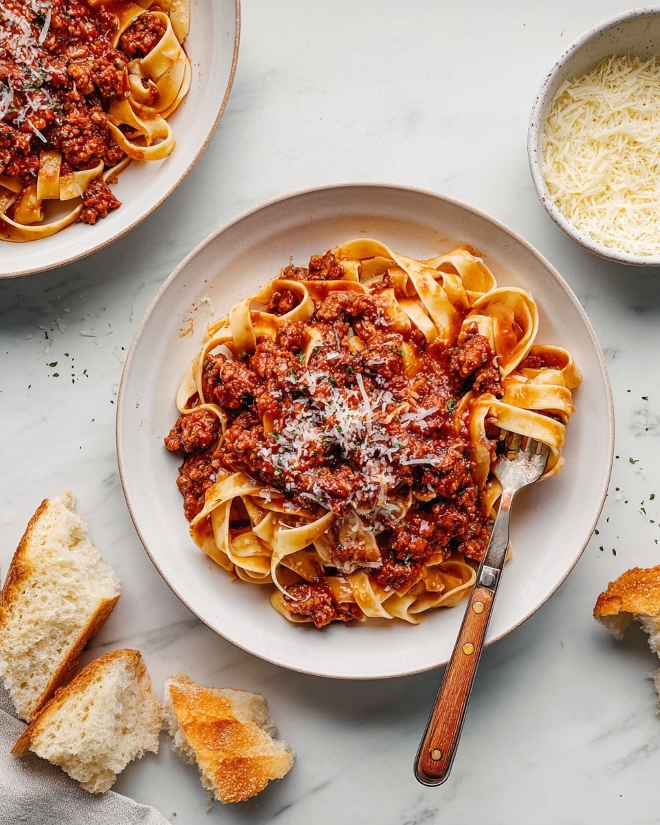 A white plate holds a serving of fettuccine pasta with a thick red meat sauce. The pasta is light yellow with a smooth, slightly glossy texture, arranged in loose, overlapping loops across the plate. On top, a rich red tomato and ground meat sauce with small chunks of meat and bits of tomato covers much of the pasta, giving a chunky and hearty look. There are thin shavings of white cheese scattered over the dish, adding texture and contrast. A silver fork with a wooden handle rests on the bottom left side of the plate, with some pasta twirled around its tines. The plate is placed on a white marbled surface with a piece of bread visible at the lower left corner. Photo taken with an iphone --ar 4:5 --v 7