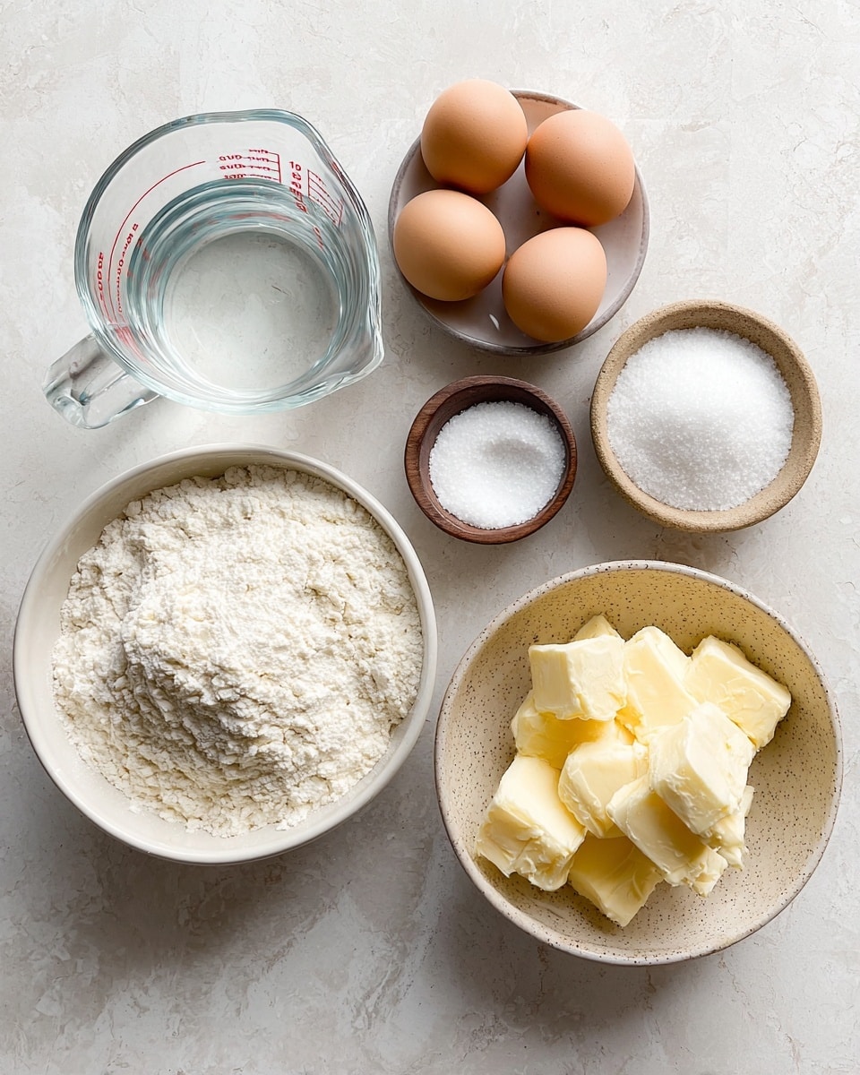 A top view of five separate containers placed on a white marbled surface; a white bowl at the bottom filled with white flour showing a textured powdery surface, on the right a speckled beige bowl holds several thick chunks of pale yellow butter with a creamy texture, next to it a small brown bowl contains white granulated sugar, above the butter is a white bowl with three brown eggs with smooth shells, and to the left of the eggs, a clear glass measuring cup filled with transparent water with red measurement markings is placed; all arranged neatly with soft natural light, photo taken with an iphone --ar 4:5 --v 7