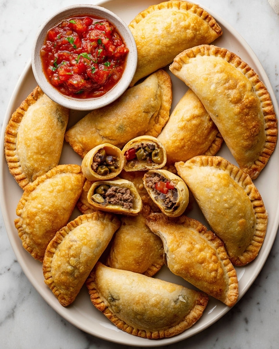 A large white plate on a white marbled surface holds twelve golden brown empanadas with different edge patterns, some crimped and some fork-pressed, arranged neatly in a circle. Three of the empanadas are cut open, showing layers inside with ground meat, sliced green olives, and small red pepper pieces, giving a mix of brown, green, and red colors inside. A small white bowl filled with bright red chunky salsa, with pieces of tomato, onion, and herbs, is placed on the plate's top left side. The overall look is warm, crispy, and inviting, with soft shadow play under the edges of the empanadas and bowl. Photo taken with an iphone --ar 4:5 --v 7