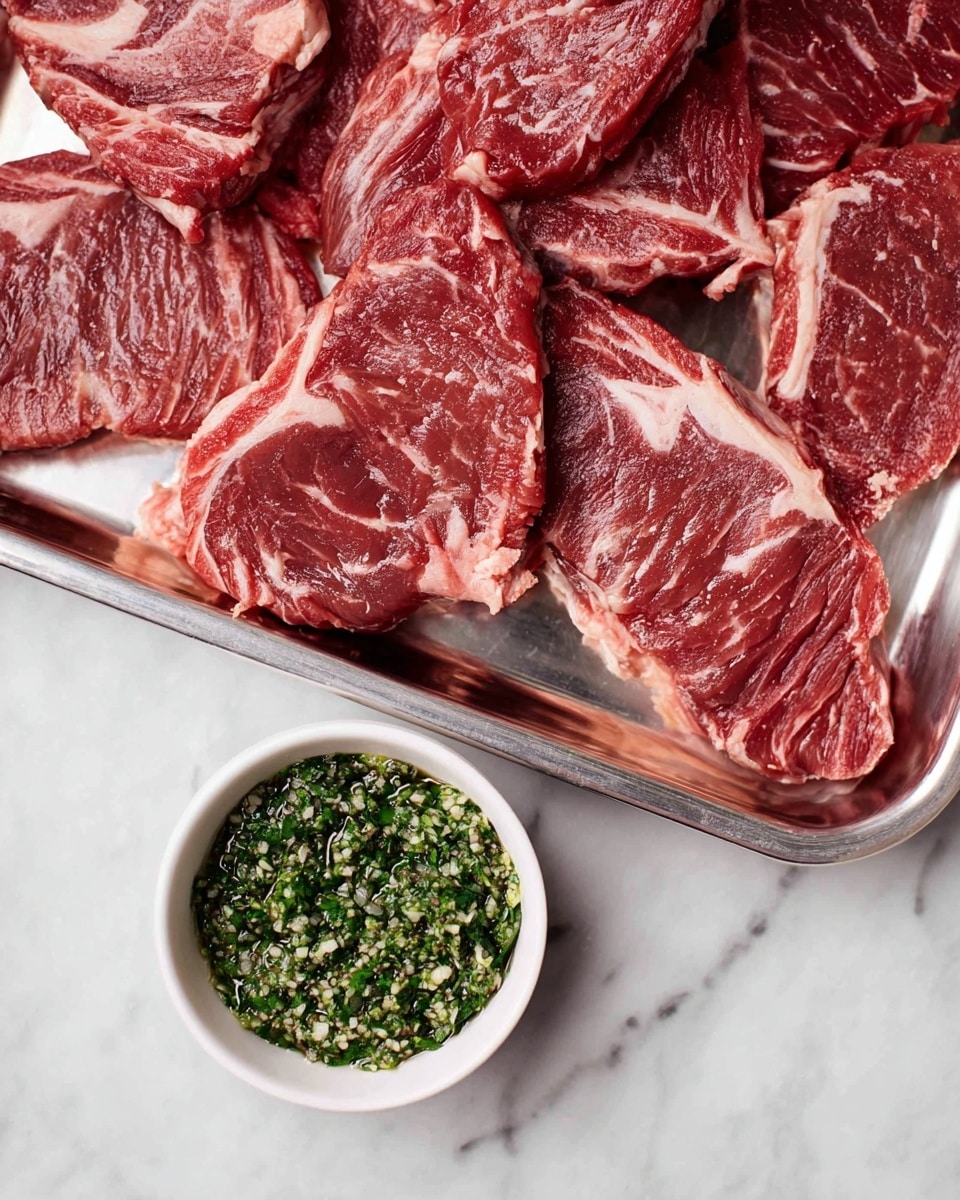 A shiny silver tray holds several large, raw pieces of red meat with white fat marbled throughout, laid closely together. Below the tray is a small white bowl filled with a green herb mixture that has a coarse, chopped texture. The entire scene sits on a white marbled surface, giving a clean and bright background. photo taken with an iphone --ar 4:5 --v 7