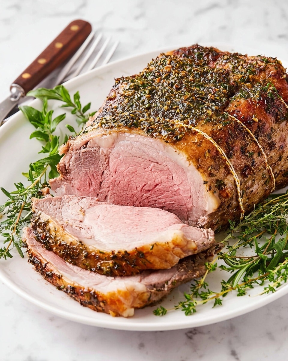 The image shows a large, brown roasted piece of meat tied with a string to keep its shape, lying on a white plate. The meat has a crispy, herb-crusted surface with dark green specks covering the top. Underneath the roast, there are fresh green herbs, including parsley and rosemary, peeking out. The white plate is placed on a white marbled surface, and near the top left, there are a few garlic cloves and a whole garlic bulb next to the plate. The overall scene looks clean and fresh with a bright light that highlights the rich textures of the roasted meat and the herbs. photo taken with an iphone --ar 4:5 --v 7
