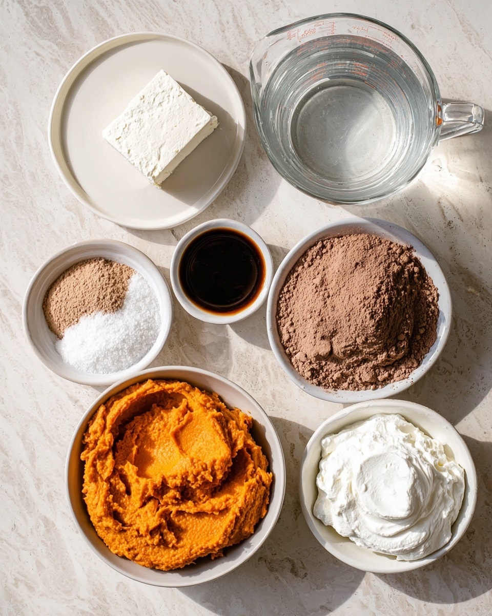 The image shows several white bowls and a small plate arranged on a white marbled surface, each holding different baking ingredients. At the top center is a clear glass measuring cup filled with water. To the left is a small white plate with a block of white cream cheese. Below it is a smaller white dish with dark vanilla extract. A large white bowl filled with light brown cocoa powder is at the top right. Below that is a white bowl containing bright orange mashed sweet potato, showing smooth and creamy texture. To the left of it are two small white bowls; one has a light brown powder, and the other contains white powdered sugar. Finally, a small white bowl at the bottom right is filled with thick white sour cream. The overall setup is neat and clean, with natural light highlighting the colors and textures of the ingredients. photo taken with an iphone --ar 4:5 --v 7
