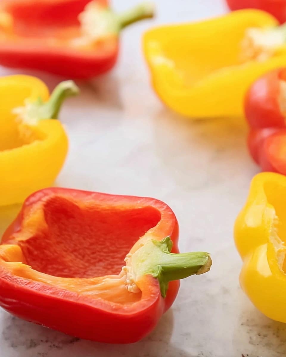 The image shows two hollowed bright orange bell peppers filled with a mixture of diced cooked vegetables that are brown and slightly glossy, topped with thin slices of white and green scallions. The peppers rest on a smooth, black plate, with a few scattered scallion slices around them. The scene is close-up, focusing on the texture of the filling and the vibrant colors of the peppers and garnish, against a softly blurred background. photo taken with an iphone --ar 4:5 --v 7