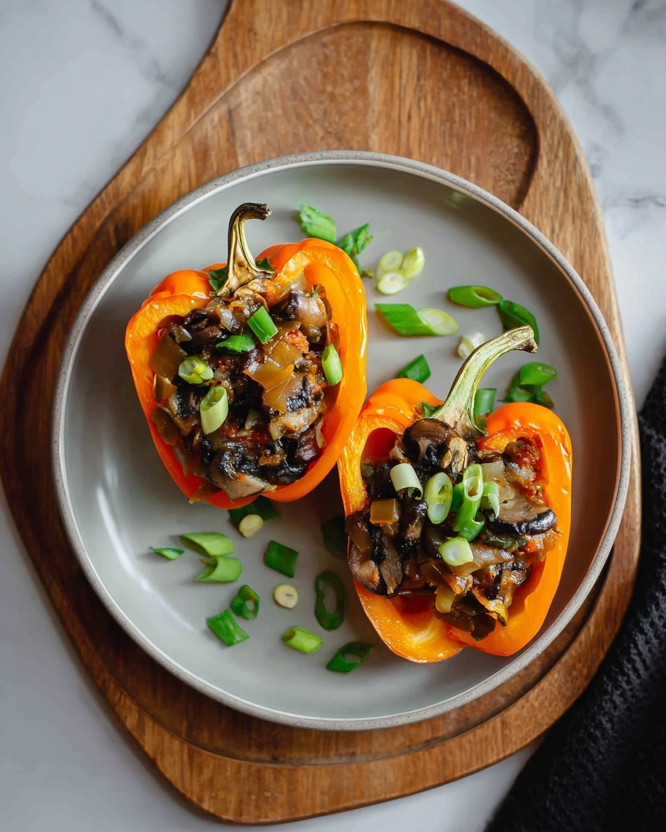 Two bright orange bell pepper halves are placed side by side in the center of a round white plate, which sits on a wooden board over a white marbled surface. Each pepper half is filled with a chunky mixture of sautéed dark brown mushrooms and light brown onions. Thinly sliced fresh green scallions are sprinkled on top and around the peppers, adding a fresh green contrast. The peppers show some light char marks, giving them a slightly roasted look. Photo taken with an iphone --ar 4:5 --v 7