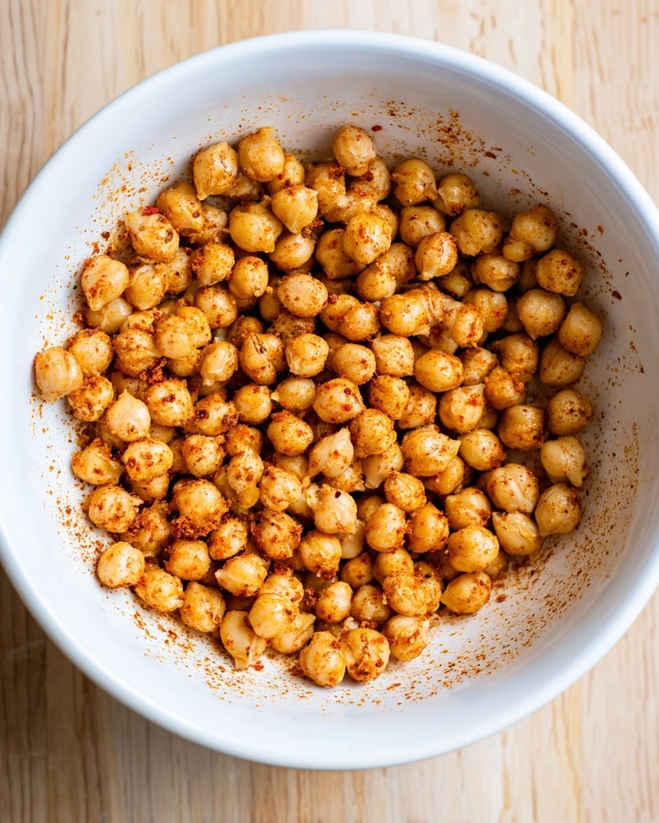A close-up top view of a white bowl filled with light brown chickpeas coated with a mix of spices, showing a slightly rough texture on some chickpeas. The bowl sits on a light wooden surface with visible grain patterns. The spices create small reddish-orange specks clinging to the chickpeas and a light dusting on the inside edges of the bowl. The chickpeas look dry and firm, spread evenly inside the bowl. photo taken with an iphone --ar 4:5 --v 7
