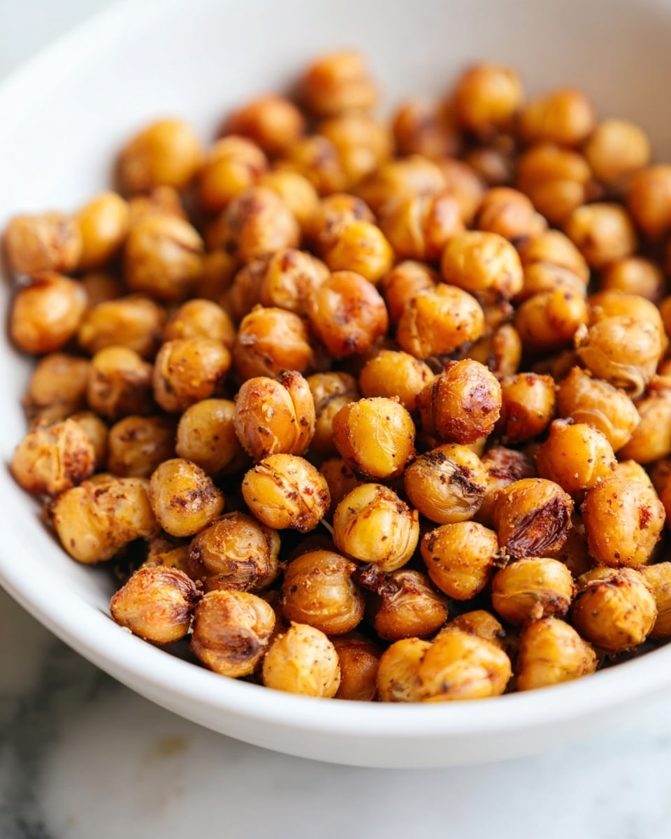 A close-up view of a white bowl filled with a single layer of roasted chickpeas, each chickpea showing a golden brown color with some darker roasted spots and a slightly crispy texture. The chickpeas appear round and evenly coated, piled slightly up in the bowl, with a small part of the bowl rim visible at the top. The background features a white marbled texture softly blurred out. Photo taken with an iphone --ar 4:5 --v 7