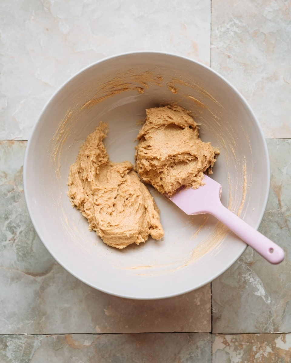 A white mixing bowl contains two thick dollops of light brown dough with a rough texture sitting near the center. A pale pink spatula rests inside the bowl, its edge partially covered with some of the dough. The bowl is placed on a surface with a white marbled texture that has a tiled pattern visible around it. photo taken with an iphone --ar 4:5 --v 7