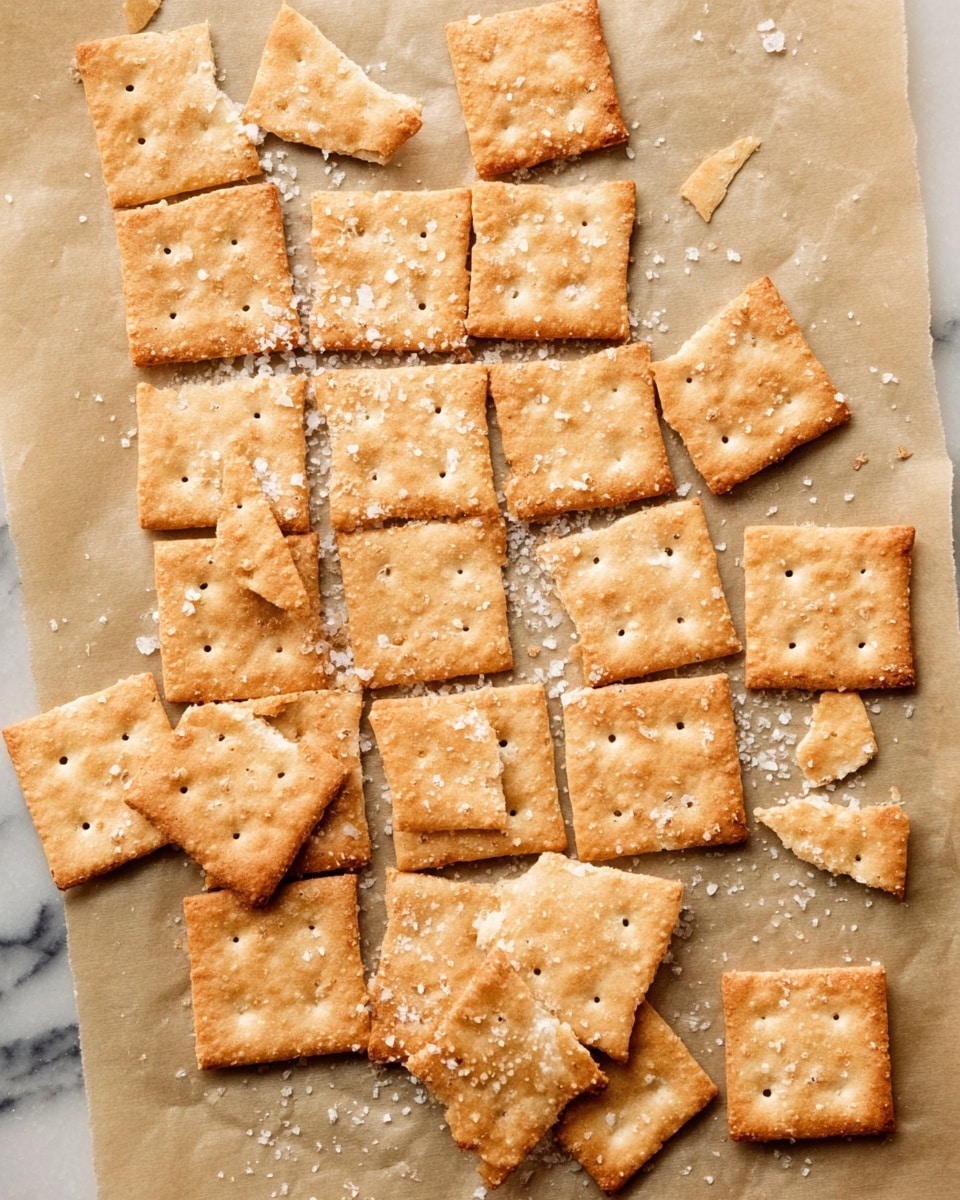 A group of square-shaped crackers with a light golden brown color is spread out on a beige parchment paper over a white marbled surface. The crackers are arranged closely in a rough rectangular shape with some broken pieces around the edges. Each cracker has small holes in the center, and coarse sea salt flakes are sprinkled unevenly over the top. The texture looks crisp and slightly rough. photo taken with an iphone --ar 4:5 --v 7