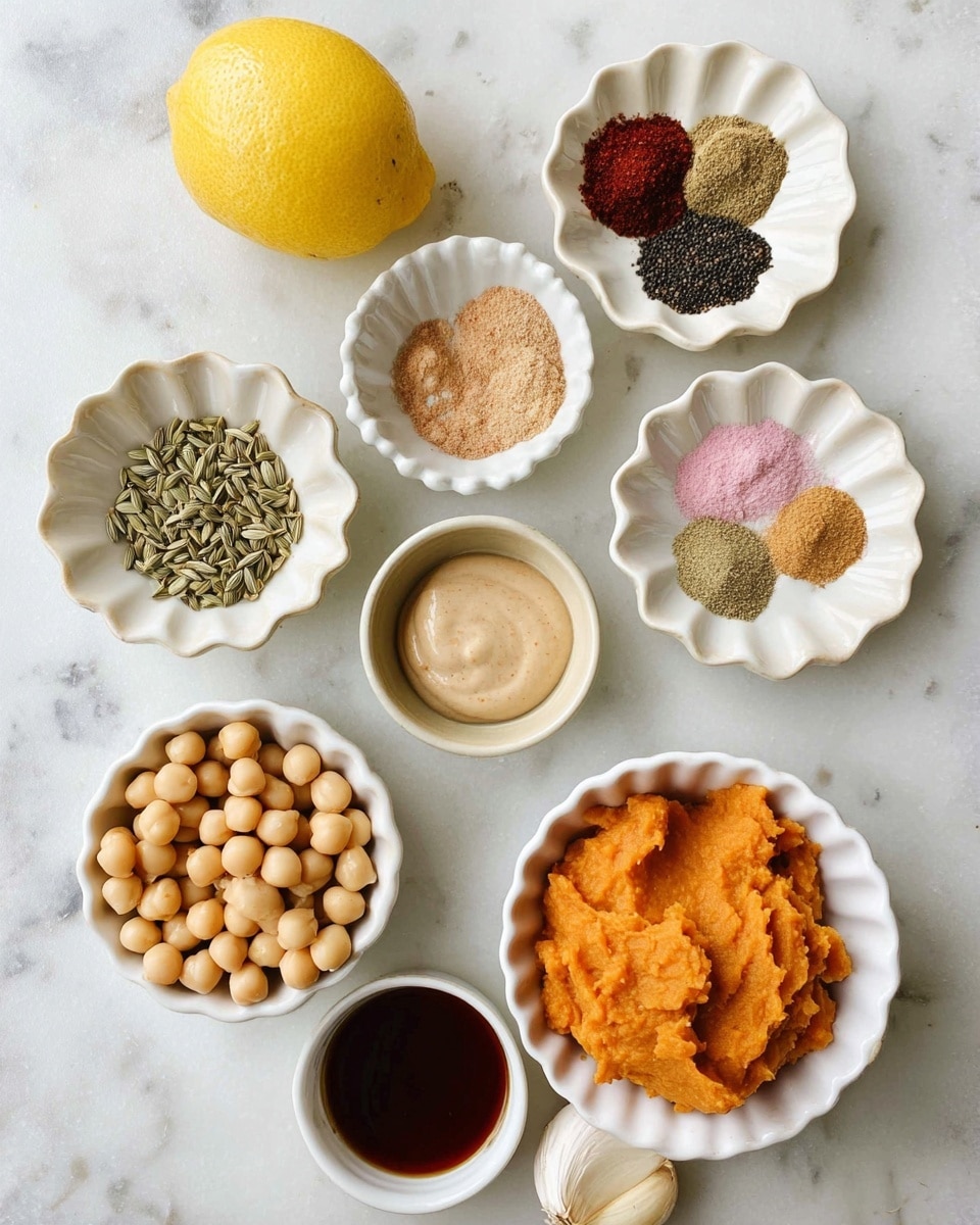 A white bowl filled with creamy, smooth orange hummus swirled on top, sprinkled with red paprika powder mainly on the right side; in the center, there are two small edible flowers, one yellow and one light purple. The bowl is placed on a wooden board with green cucumber sticks and lemon slices blurred in the background, all set on a white marbled surface. photo taken with an iphone --ar 4:5 --v 7