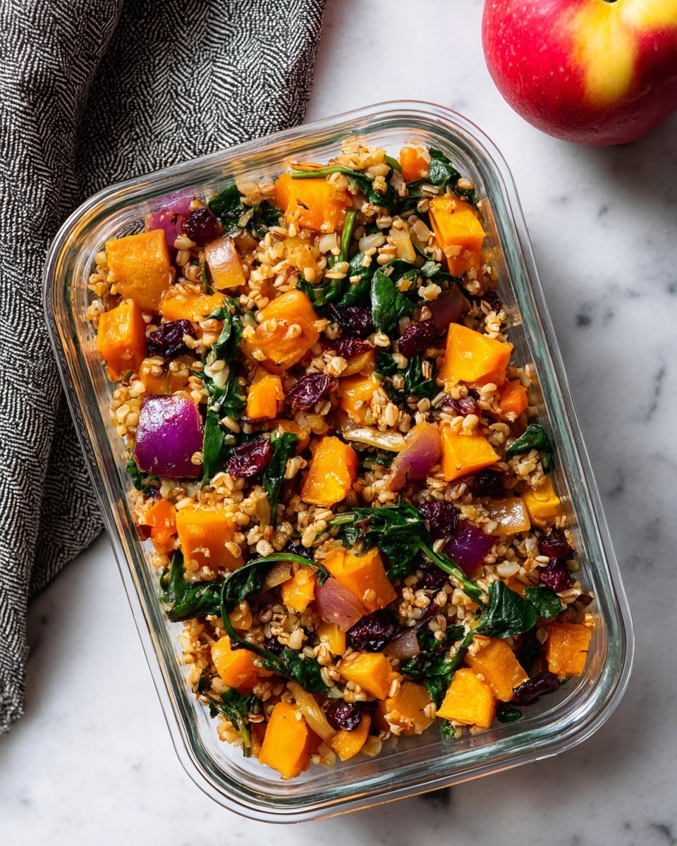 A glass rectangular container filled with a mixed dish showing three main layers: a base layer of small golden-brown grains, scattered with vibrant orange cubes of roasted squash, bright green wilted spinach leaves, and pieces of deep purple onion. There are also small orange slices of carrot and dark red dried cranberries mixed throughout. The container sits on a white marbled surface and is partially bordered by a gray herringbone-patterned cloth on the left, with a red and yellow apple positioned at the top right corner. Photo taken with an iphone --ar 4:5 --v 7