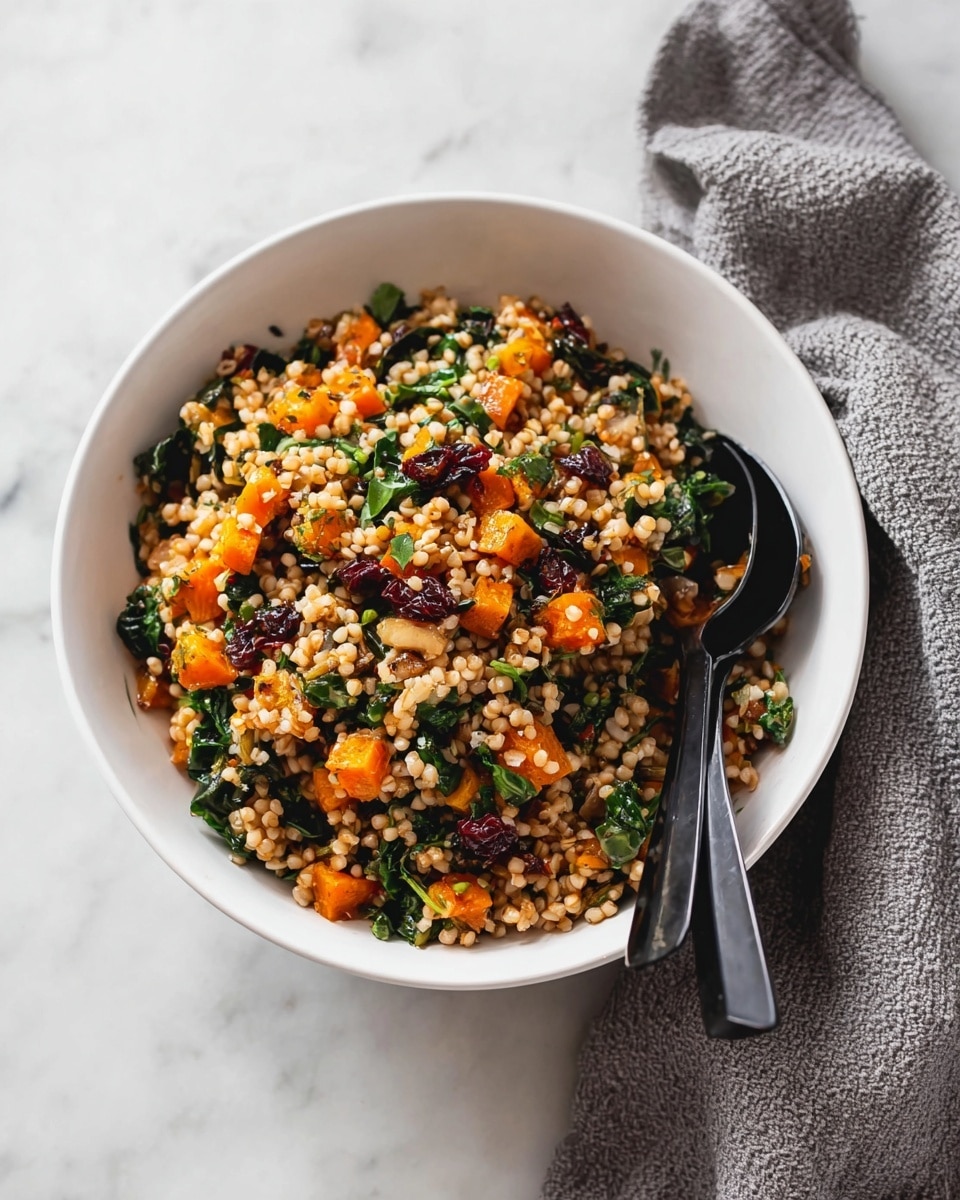 A white oval plate shows a colorful salad made of three main layers. The bottom layer has a base of light brown cooked grains with a slightly rough texture. The middle layer mainly consists of roasted carrot pieces in orange, yellow, and deep purple colors, cut into strips and chunks, mixed with small dark green spinach leaves. The top layer has scattered white crumbled cheese dots, adding a soft and crumbly texture contrast. Two large dark wooden salad utensils hold the salad on the sides, all set on a white marbled surface. photo taken with an iphone --ar 4:5 --v 7
