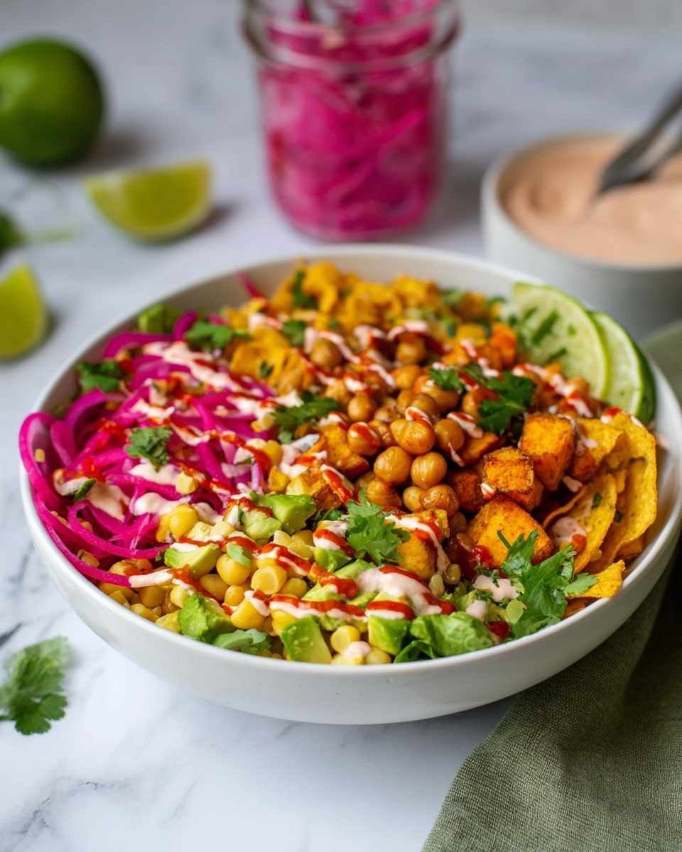In a white bowl placed on a white marbled surface, there is a colorful salad with multiple layers. The bottom has a base of green leafy lettuce visible around the edges. On top of this are diced orange carrots, yellow corn kernels, cherry tomato halves, and light green avocado chunks placed in different sections. There are also bright pink pickled onions coiled in one area and golden-brown roasted chickpeas spread out. Crushed yellow corn chips are piled on one side. Drizzled over the entire salad are a creamy white dressing and a thinner reddish-orange sauce, with some fresh green cilantro leaves sprinkled on top. A wedge of lime sits at the edge of the bowl. Next to the bowl is a glass jar of bright pink pickled onions with a spoon inside. Some cilantro leaves and lime wedges are scattered on the marbled surface, with a green cloth partially visible near the bowl. photo taken with an iphone --ar 4:5 --v 7