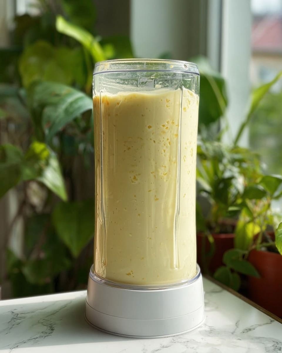The image shows a tall, clear blender container filled with a light yellow creamy mixture. The blender is standing upright with the creamy mixture almost reaching the top, showing some texture and small darker specs inside. The base of the blender is white and is placed on a white marbled textured surface. In the background, there are green leaves of plants and a window letting in natural light. photo taken with an iphone --ar 4:5 --v 7
