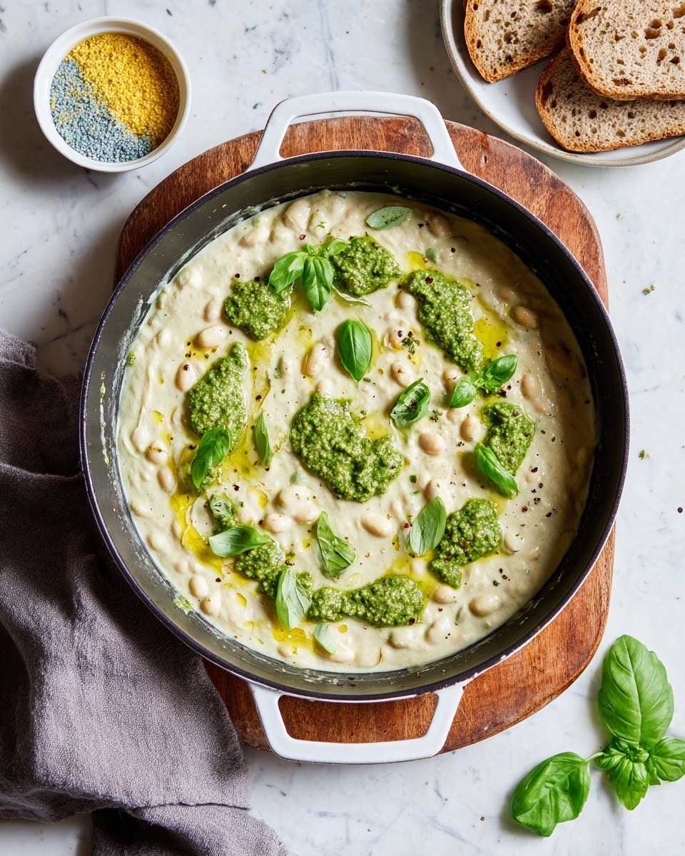 A black pan with white handles holds a creamy white sauce mixed with small white beans, spread evenly in one layer inside the pan. The sauce has bright green dollops of pesto and fresh green basil leaves scattered on top, with a few drops of golden oil and a light dusting of black pepper. The pan sits on a wooden board with a gray cloth folded at one side. In the upper left corner, there is a small white bowl with blue specks filled with yellow powder, and in the upper right corner, two slices of multigrain bread are placed on a white plate. The background has a white marbled texture with a few loose fresh basil leaves in the lower right corner. Photo taken with an iphone --ar 4:5 --v 7