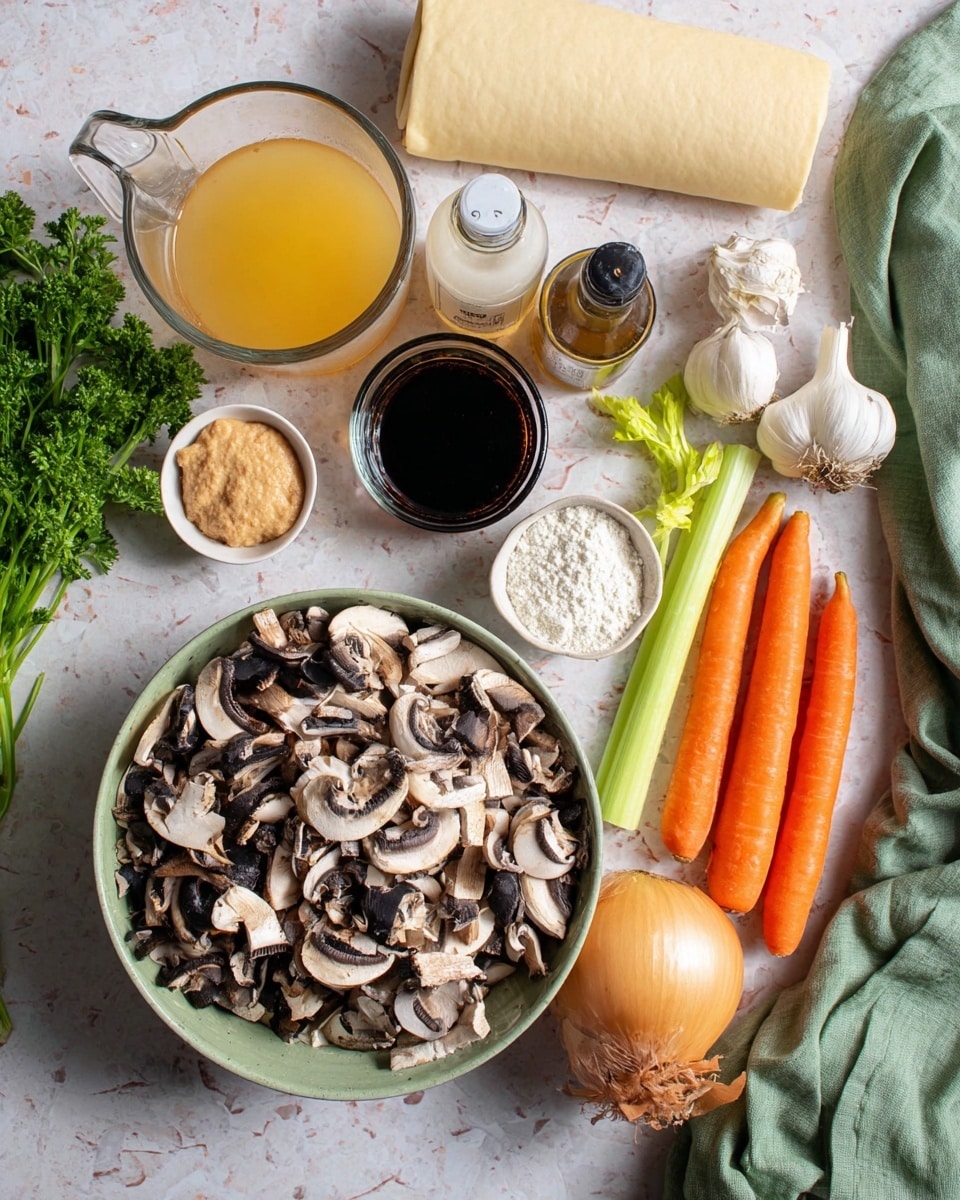 A white marbled surface holds several fresh ingredients including a large bowl filled with light and dark brown sliced mushrooms, two bright orange carrots, and two green celery stalks next to it. A whole yellow onion and four garlic cloves lie near a small white bowl filled with white powder, likely flour. There are two glass bottles, one filled with a dark liquid and the other a white liquid, near a small dish holding a light brown paste. A bunch of green parsley sits on the left side beside a clear glass measuring cup filled with a yellowish broth. A sheet of rolled pastry dough is placed at the top behind the ingredients. A green cloth is gently crumpled on the bottom right corner. Photo taken with an iphone --ar 4:5 --v 7