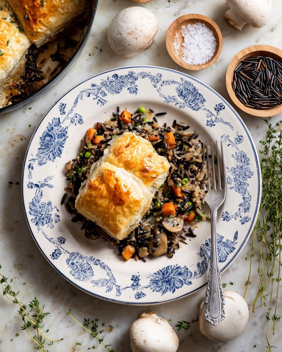 The dish is shown in a black cast iron skillet filled with a thick, creamy brown mushroom sauce that covers the bottom layer. On top, there are two overlapping layers of golden brown square pastry pieces that are slightly crispy and flaky with some light browning and small green herb leaves scattered on top. The skillet sits on a white marbled surface with some whole white mushrooms and a white bowl of wild rice nearby. Photo taken with an iphone --ar 4:5 --v 7