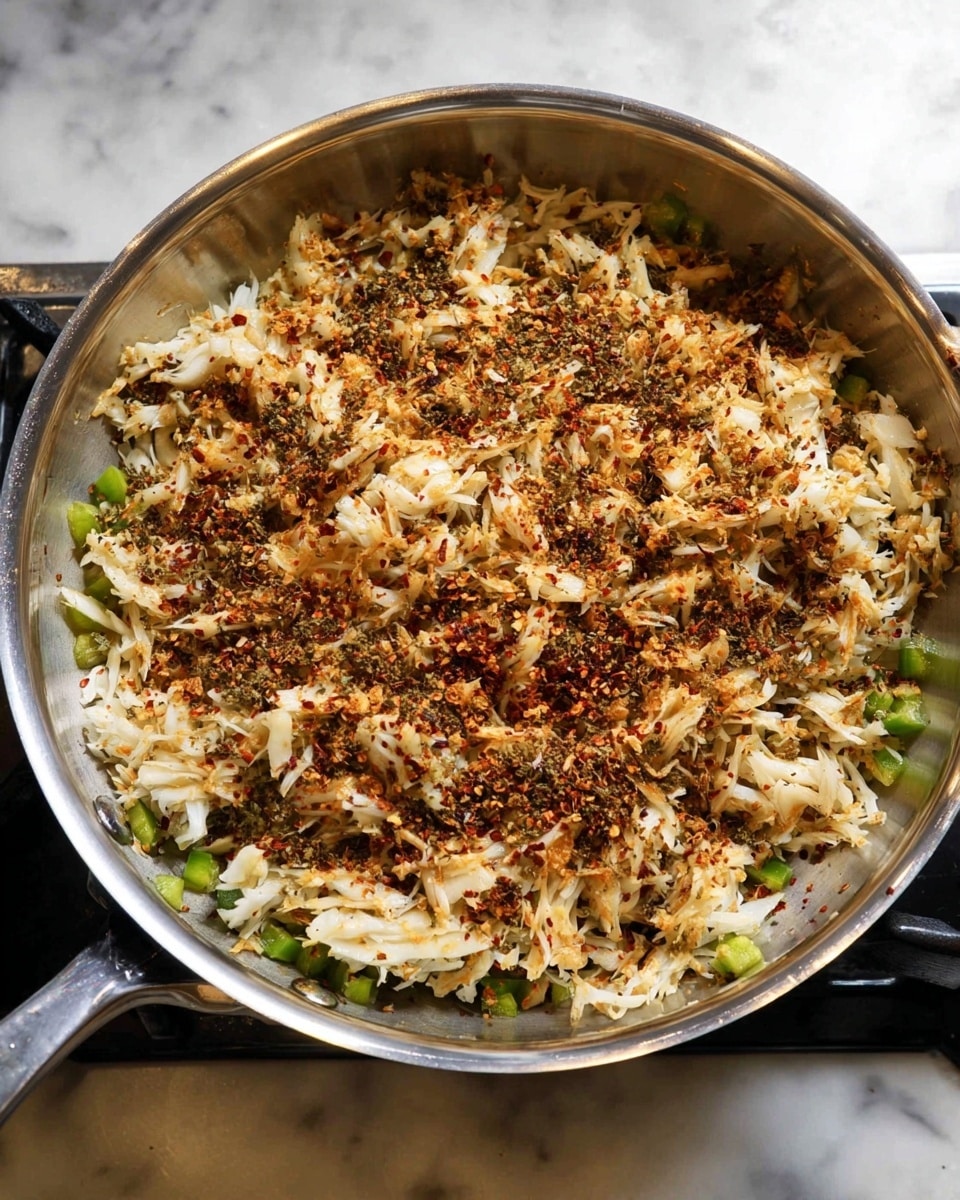 A large shiny silver pan is filled with a mix of food layers, starting with a base of chopped green peppers and onions at the bottom, visible around the edges. On top, there is a thick layer of shredded white and light brown ingredients mixed together, sprinkled abundantly with small red chili flakes and dark dried herbs, giving a textured and slightly spicy look. The pan is on a stove with a white marbled surface visible nearby. The photo taken with an iphone --ar 4:5 --v 7