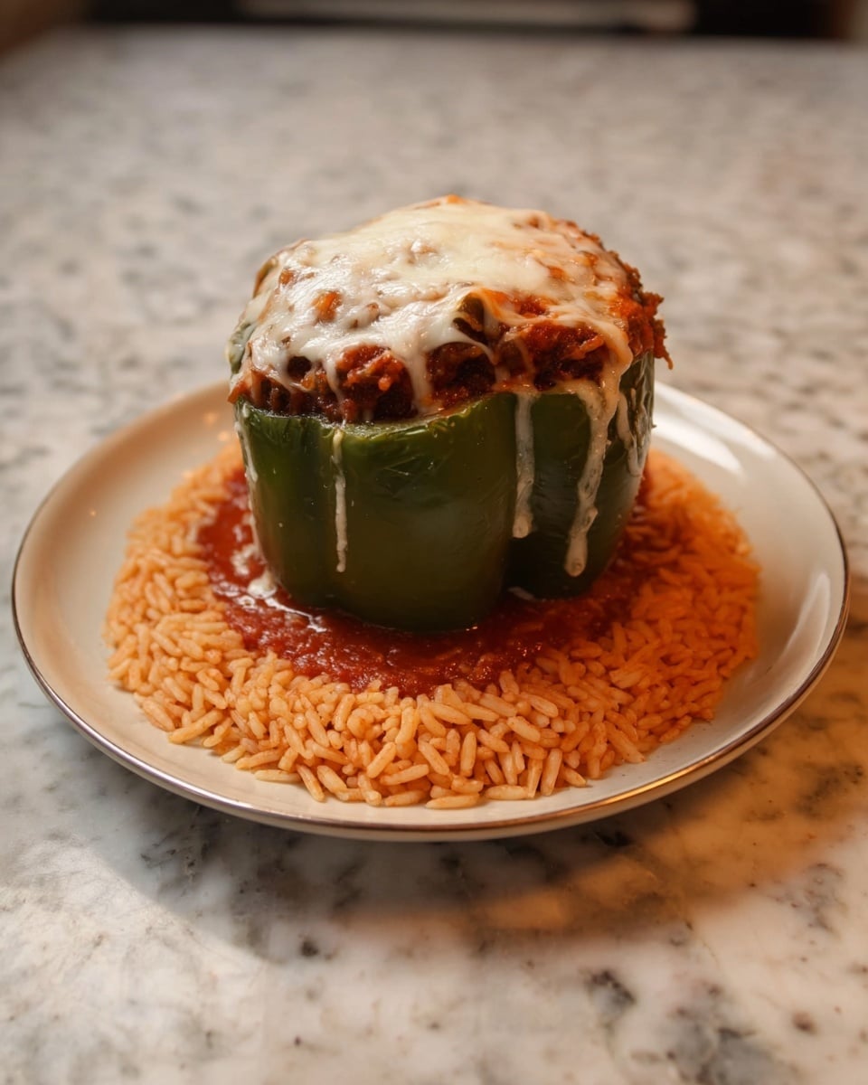 Three green bell peppers stand upright in a clear glass round dish on a white marbled surface, each filled with a light brown, crumbly mixture speckled with small green and white bits. The filling is topped with bright red tomato sauce that looks thick and slightly textured, covering the tops unevenly. Some filling spills slightly over the edge of the peppers. The clear dish reflects light softly, and the peppers appear fresh and firm. photo taken with an iphone --ar 4:5 --v 7