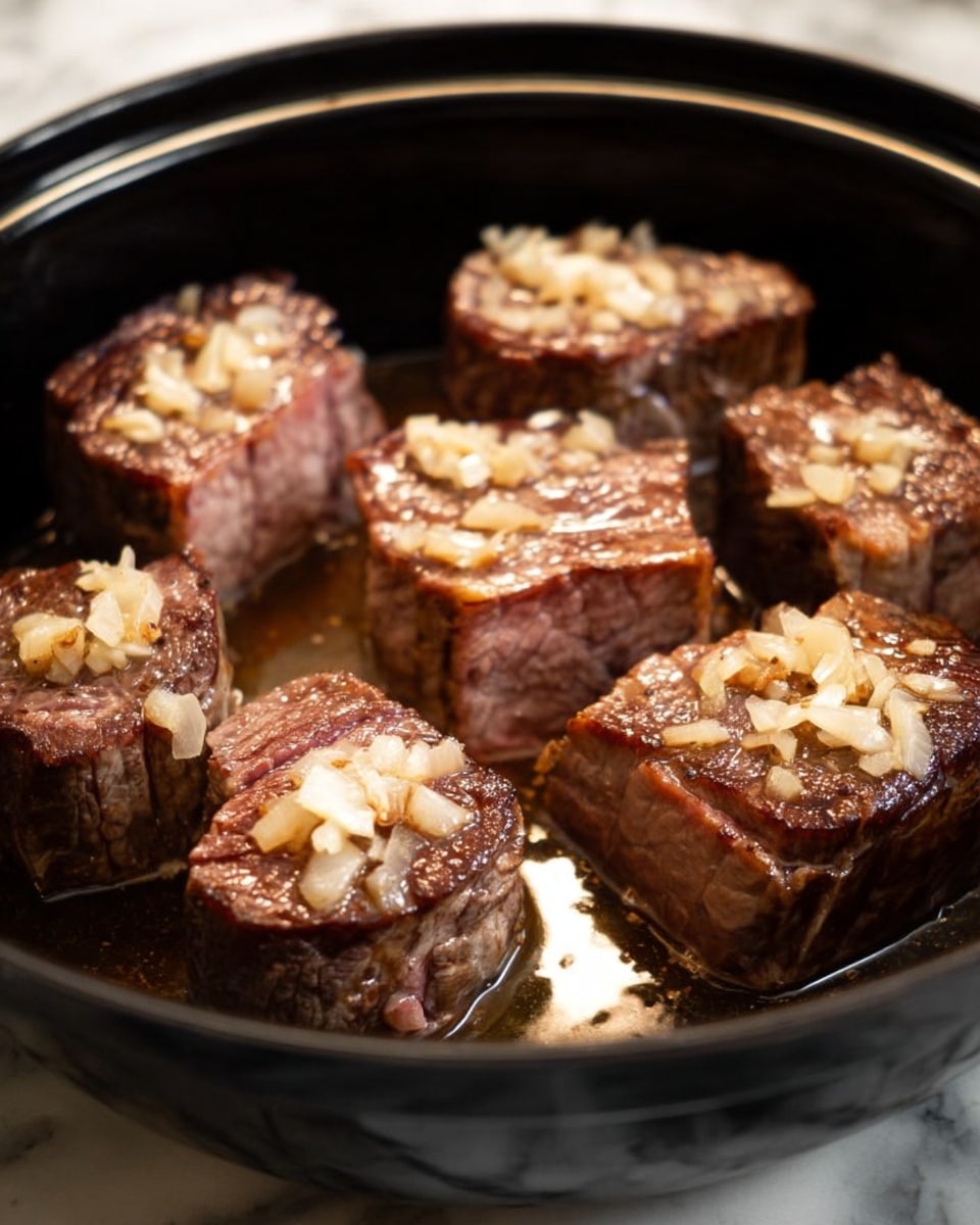 Six large pieces of browned meat are placed in a round metal pan. The meat blocks have a rough texture on top with a mix of brown and pinkish color, showing layers of fat and muscle. Below the meat, there is a single layer of chopped onions cooked to a light golden color. The pan is on a black stove, and the background shows parts of the stove's metal and dark surfaces. The lighting highlights the shiny metal pan and the juicy look of the meat. photo taken with an iphone --ar 4:5 --v 7