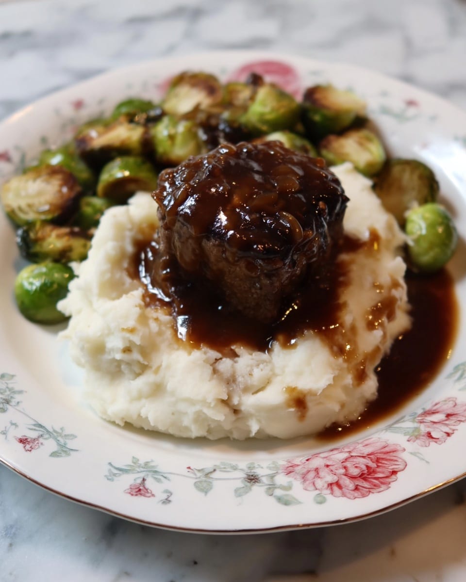 The image shows a white plate with a floral pattern, placed on a white marbled surface. On the plate, there is a base layer of creamy white mashed potatoes, spooned in a rough circle. On top of the mashed potatoes sits a thick piece of dark brown meat with a glossy sauce coating, giving it a shiny look. The sauce drips slightly onto the mashed potatoes. Around the back edge of the mashed potatoes, there is a layer of roasted Brussels sprouts, which are green with some browned, crispy parts. The whole dish looks warm and hearty with rich, dark and light textures. photo taken with an iphone --ar 4:5 --v 7