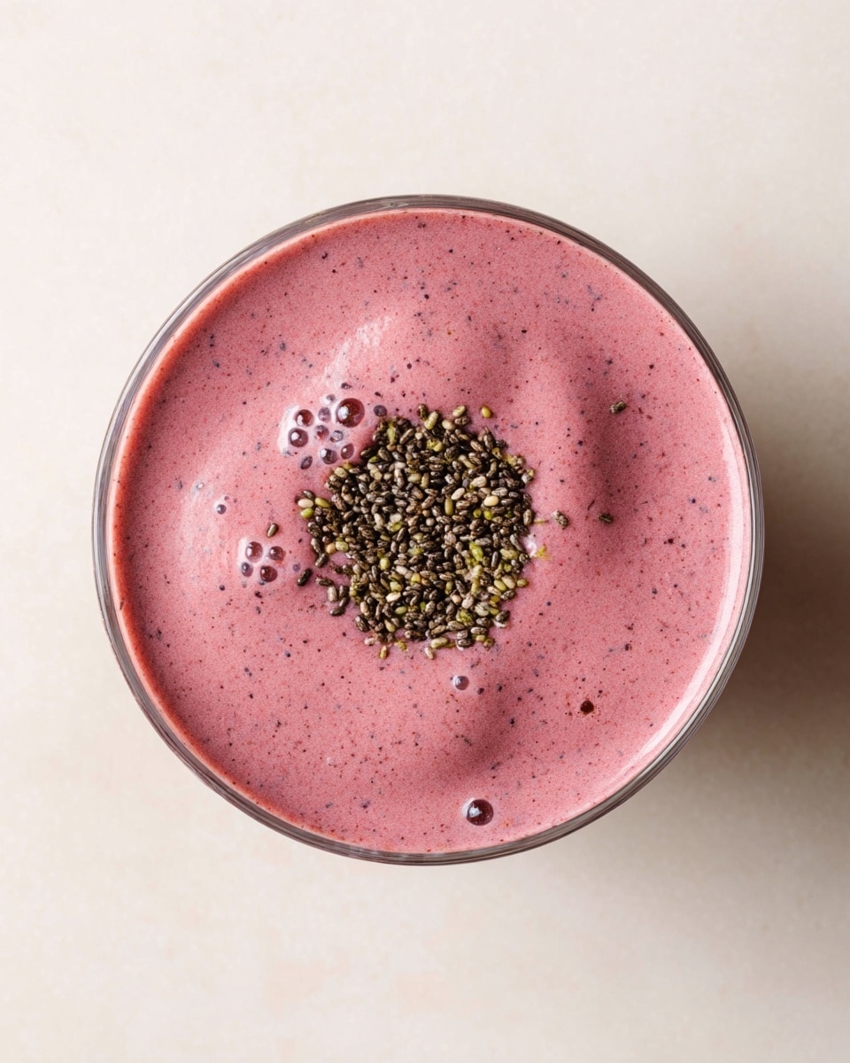 The image shows a clear glass dessert cup filled with a thick purple chia pudding, with visible chia seeds throughout the creamy texture. The pudding reaches just above the rim, and a shiny metal spoon scoops a rounded portion from the top layer. On the surface of the pudding, there are small pieces of crunchy granola and a few fresh berries, including red raspberries and blue blueberries, adding pops of color. In the blurred background, a white bowl with extra raspberries and blueberries sits on a white marbled surface. photo taken with an iphone --ar 4:5 --v 7