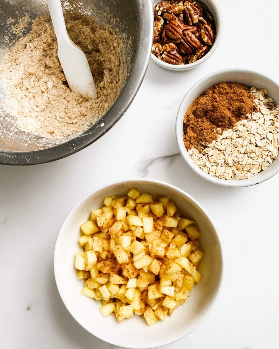 A white round dish filled with a layered apple crumble dessert sits on a woven mat over a white marbled surface. The bottom layer shows soft, diced apples with a light yellow color mixed with hints of brown cinnamon. The top layer is thick with a golden-brown crumb topping made of oats and small nut pieces, giving a rough, crunchy texture. On the right, a spoon is scooping some of the crumble, lifting both layers together. In the background, two bright green apples and one half of a red apple are placed next to a wooden cutting board with an apple knife, all against a white marbled surface. photo taken with an iphone --ar 4:5 --v 7