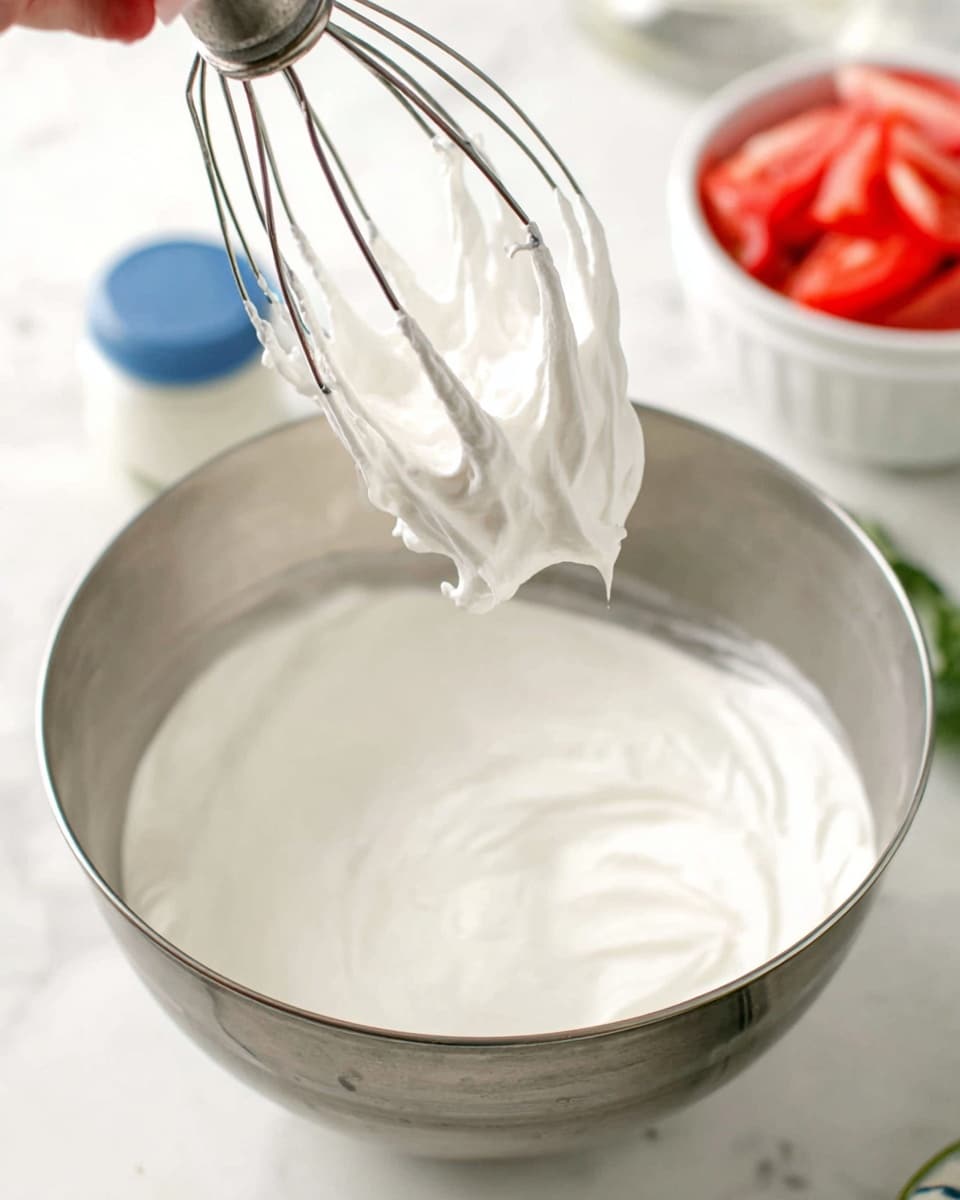 The image shows a slice of pavlova dessert on a white plate with a textured rim, sitting on a white marbled surface. The pavlova has three main layers: a light golden, crisp meringue base at the bottom, a thick white cream layer in the middle, and a topping of bright red strawberry slices with a small fresh green mint leaf on top. Powdered sugar is lightly sprinkled around the plate. In the background, there is a full pavlova on a white plate, topped with more strawberries. A silver fork rests on the plate beside the slice. Photo taken with an iphone --ar 4:5 --v 7