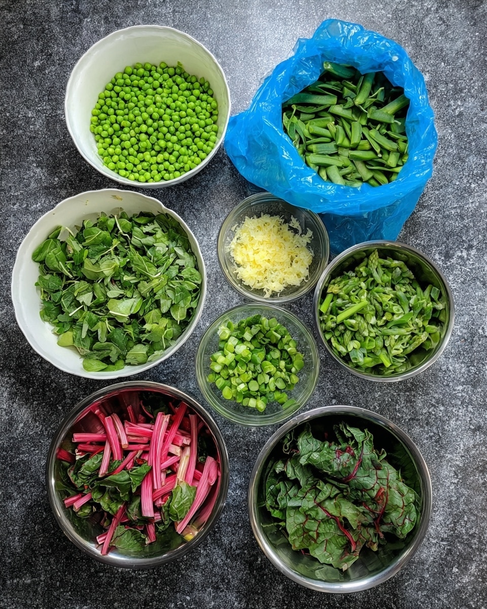 A white bowl filled with a fresh green vegetable mix. At the center, a spear of asparagus stands upright, surrounded by layers of other green vegetables like sliced asparagus stalks, peas, chopped leafy greens, and broad beans. There are bright green mint leaves spiked on top, adding texture and color contrast. Small bits of red and yellow vegetables peek through the dense green layers, giving a slight pop of color. The texture looks fresh, moist, and vibrant, placed on a white marbled surface. photo taken with an iphone --ar 4:5 --v 7