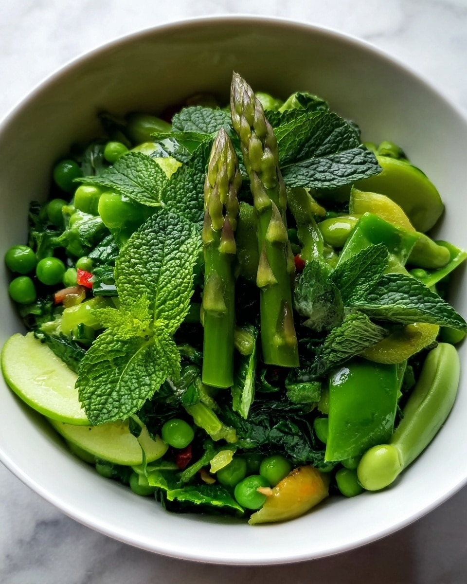 The image shows eight white bowls and a blue bag filled with various fresh vegetables arranged on a dark grey textured surface. The top row from left to right has a bowl full of bright green peas, a bowl with chopped green beans, and an open blue bag spilling out fresh spinach leaves. Below these is a small clear bowl holding some grated light yellow ginger. To the right of the ginger bowl is a bowl filled with chopped green asparagus, and next to it is a bowl of chopped green onions. The bottom row features two shiny metal bowls, one containing chopped pink and green Swiss chard stems, and the other filled with chopped green Swiss chard leaves with pink veins. The colors are vibrant with a mix of different greens and pinks photo taken with an iphone --ar 4:5 --v 7