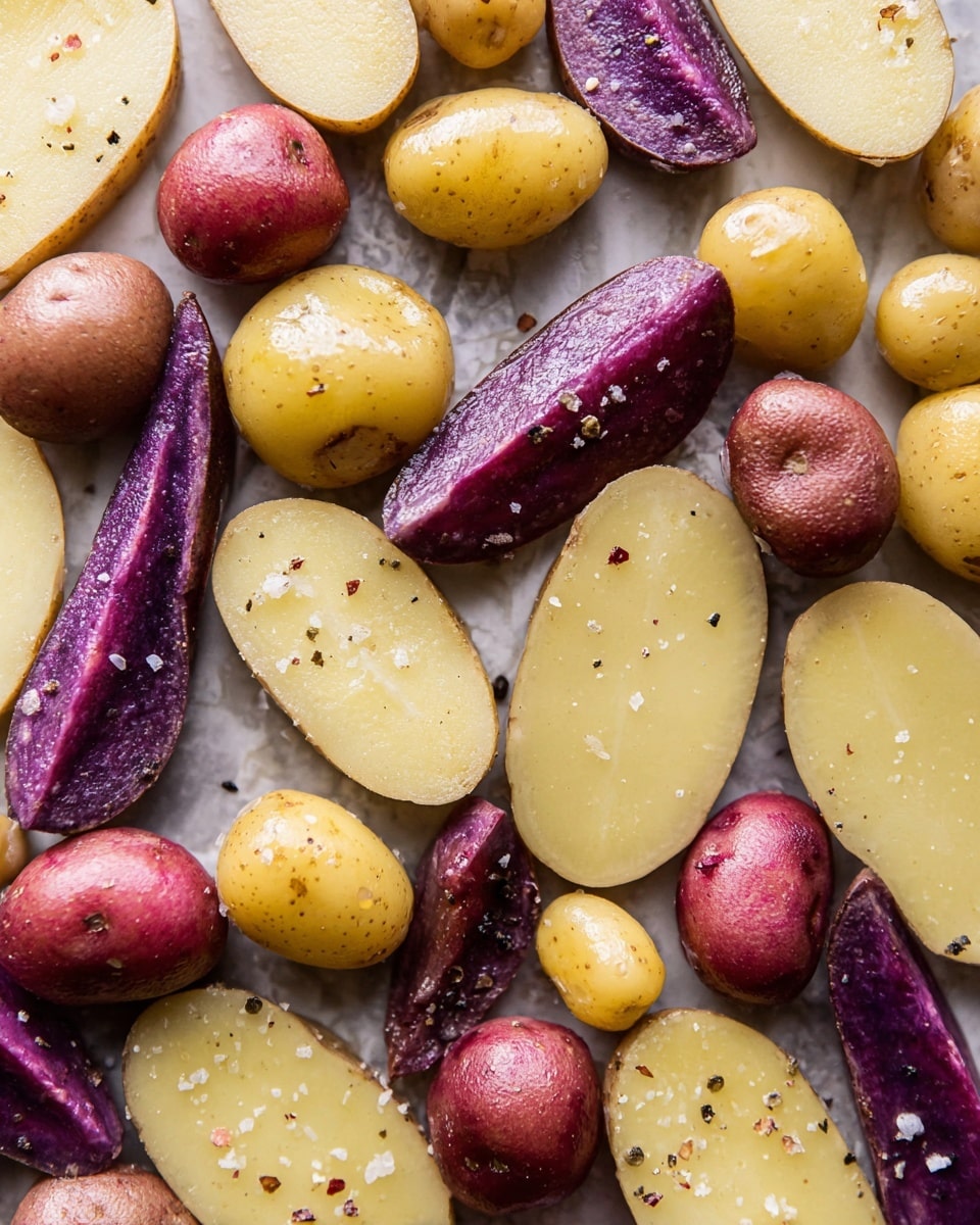 The image shows a mix of different raw potatoes arranged close together, including large yellow potato slices with smooth, pale yellow surfaces and rounded edges, small round red potatoes with shiny, deep reddish skin, tiny round yellow potatoes with smooth light yellow skin, and long purple potato wedges with rough, vibrant purple skin. The potatoes appear shiny and are sprinkled with coarse salt and black pepper bits. They rest on a white marbled textured surface, creating a fresh and natural look. photo taken with an iphone --ar 4:5 --v 7