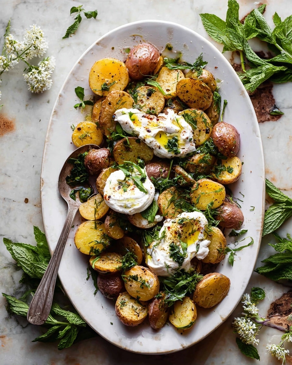 An oval white plate holds one layer of roasted small potatoes in various sizes, with golden-yellow round slices and small reddish-brown whole potatoes scattered throughout. Two large dollops of thick white cream are placed on top, drizzled with green herbs and a bit of olive oil. The potatoes appear seasoned with cracked black pepper and fresh green leafy herbs, adding texture and color. A silver spoon rests on the plate's left side under some potatoes. The dish is set on a white marbled surface, with scattered fresh green leaves and small white flowers nearby. Photo taken with an iphone --ar 4:5 --v 7