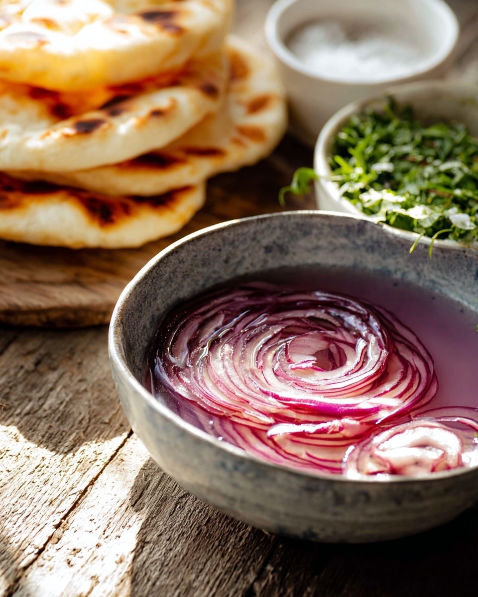 The image shows a close-up of thinly sliced red onions arranged in a spiral shape inside a shallow, textured gray bowl filled with a light purple liquid. Behind the bowl, there are several pieces of flatbread stacked on top of each other with a golden-brown toasted surface and soft, pillowy texture. To the right, there is a white bowl filled with fresh green herbs and coarse salt. The setting is on a rustic wooden surface with soft sunlight casting shadows. photo taken with an iphone --ar 4:5 --v 7