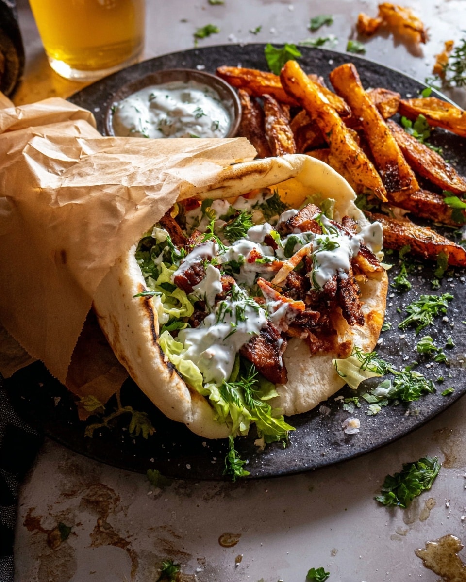 A soft flatbread wrap served on a dark plate with three main visible layers: the bottom layer is grilled golden-brown pieces of meat with a slightly charred texture, the middle layer is bright green shredded lettuce and fresh herbs, and the top layer is white creamy sauce drizzled unevenly over the meat and lettuce. The wrap is partially folded and wrapped in parchment paper, with some sauce spilled on the plate. Around the plate, there are scattered fresh herbs and a few thick, crispy brown fries with a coarse salt sprinkle. The surface is a white marbled texture, and a glass of light-colored beer sits nearby. photo taken with an iphone --ar 4:5 --v 7