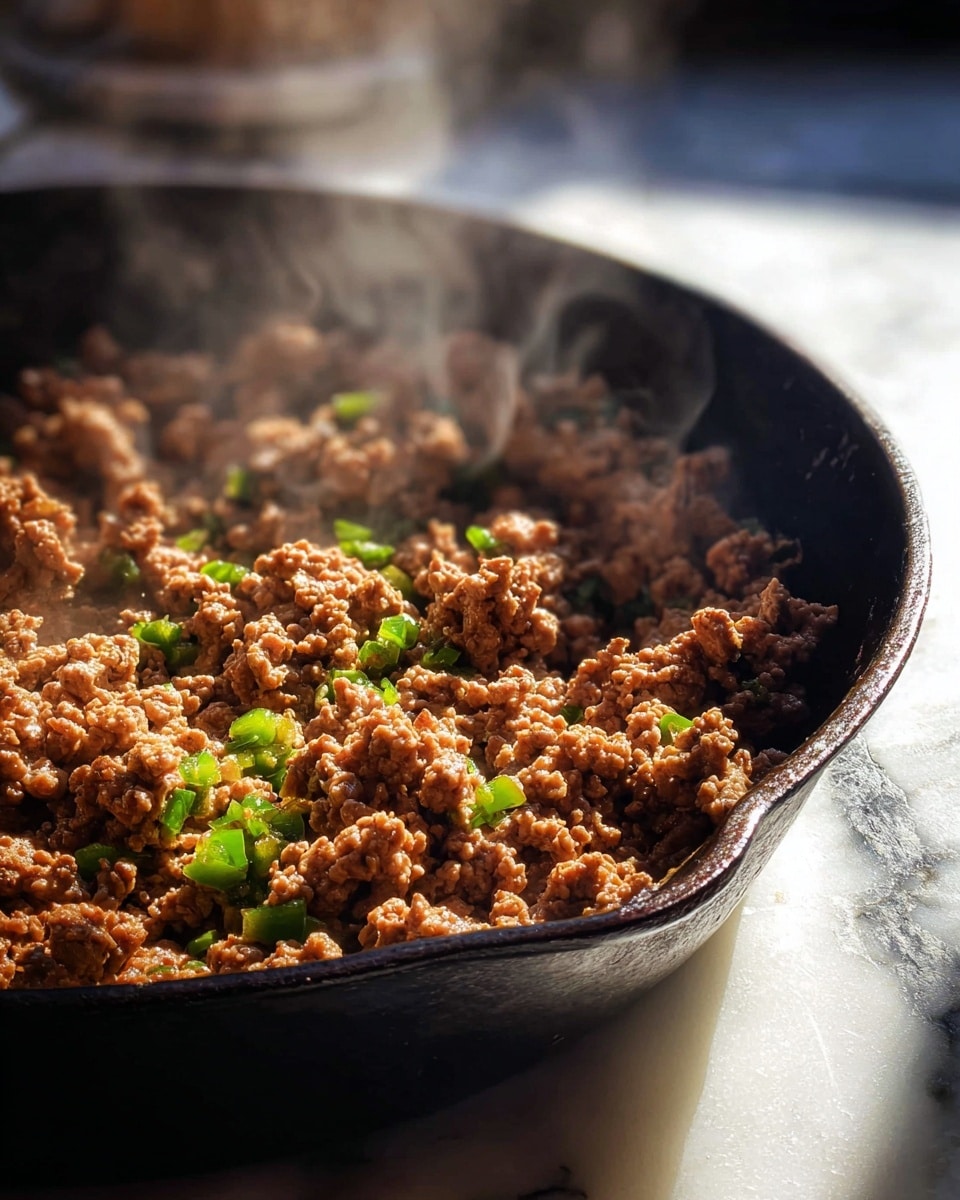 A close-up image showing cooked ground meat with small pieces of green pepper mixed in, all inside a black cast iron skillet. The meat is brown with some textured crumbles, and steam rises from the hot cooking food. The pan is placed on a white marbled surface with sunlight shining on the meat, making it look warm and fresh. Photo taken with an iphone --ar 4:5 --v 7