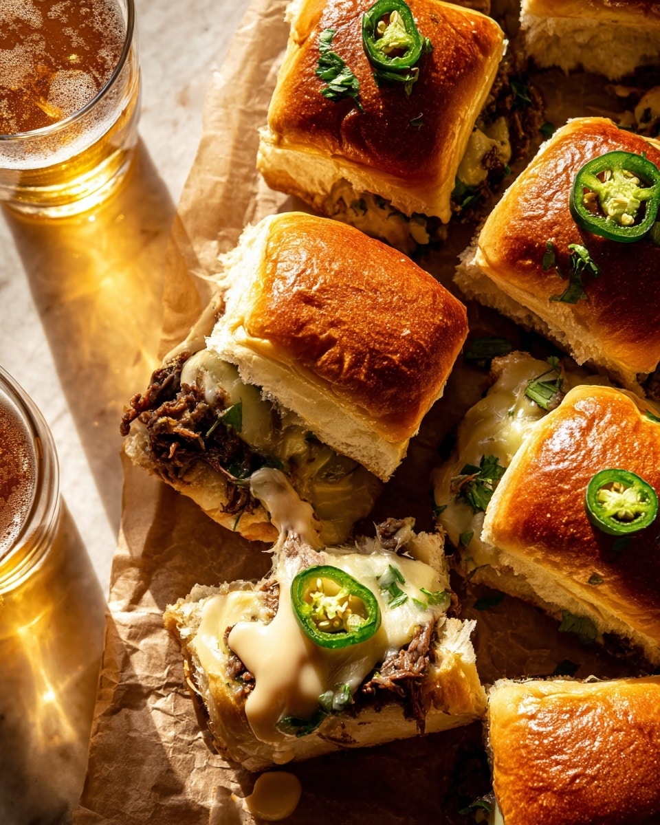 A group of twelve golden brown slider buns are arranged closely on parchment paper, placed on a white marbled surface. Each slider is topped with thin green jalapeño slices and small bits of chopped herbs. Between the buns, layers of melted cheese and greens peek out, showing a soft, creamy texture underneath the toasted tops. Around the sliders, small drizzles of sauce and extra herb pieces are scattered, adding a fresh touch. To the right, there is a glass of light amber beer and a glass jar with creamy sauce next to a fork. The warm light casts soft shadows, highlighting the buns’ shine and the freshness of the toppings photo taken with an iphone --ar 4:5 --v 7