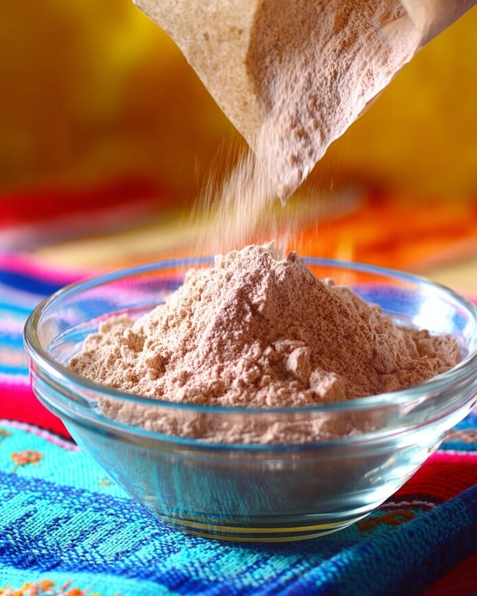 A clear glass bowl filled with a mound of light brown powder, sitting on a colorful striped cloth with blue, red, and yellow hues. The powder has a smooth and fine texture with a slight peak at the top. Above the bowl, a paper bag is tilted, pouring more powder into the bowl. The background is softly blurred with bright colors. Photo taken with an iphone --ar 4:5 --v 7