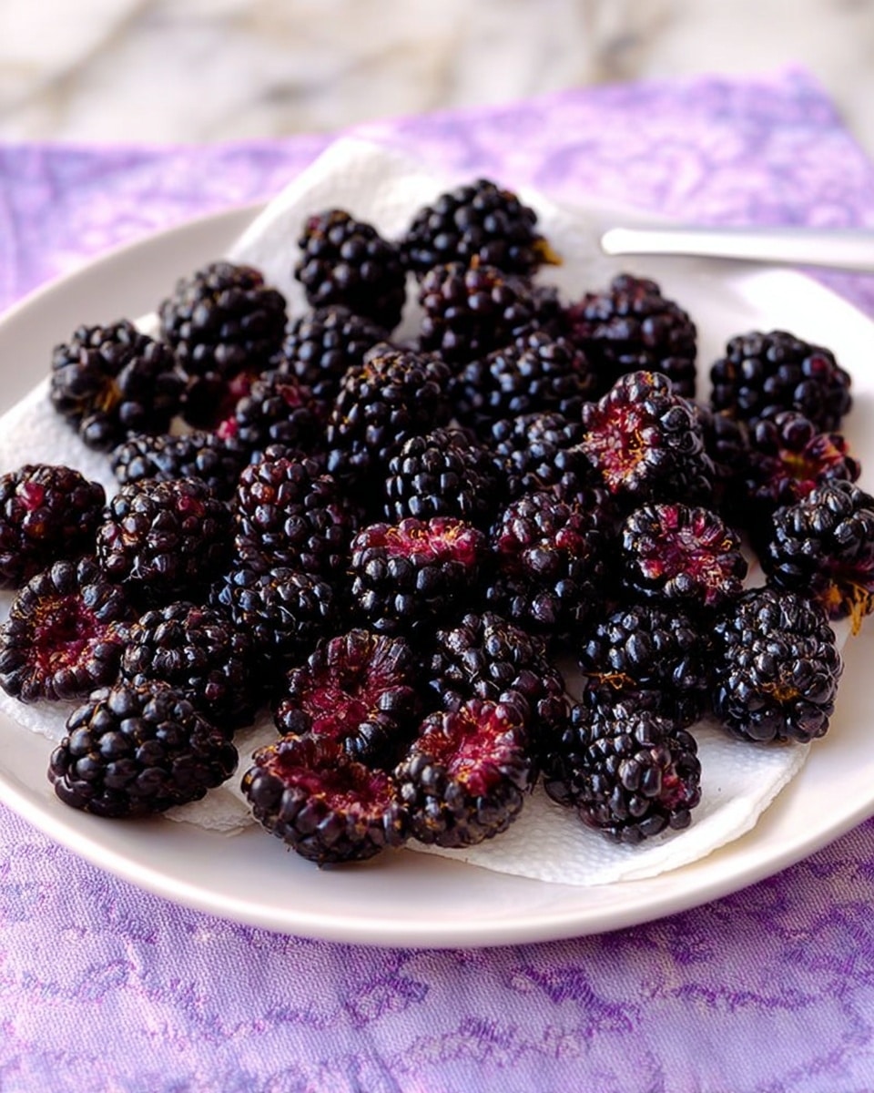 A white plate holds a layer of fresh blackberries spread out evenly, some whole and some sliced to show their dark red centers. The blackberries are shiny and bumpy with a rich black-purple color, resting on a white paper towel inside the plate. The plate is placed on a light purple cloth with a simple pattern. The background shows a blurry white marbled surface. photo taken with an iphone --ar 4:5 --v 7