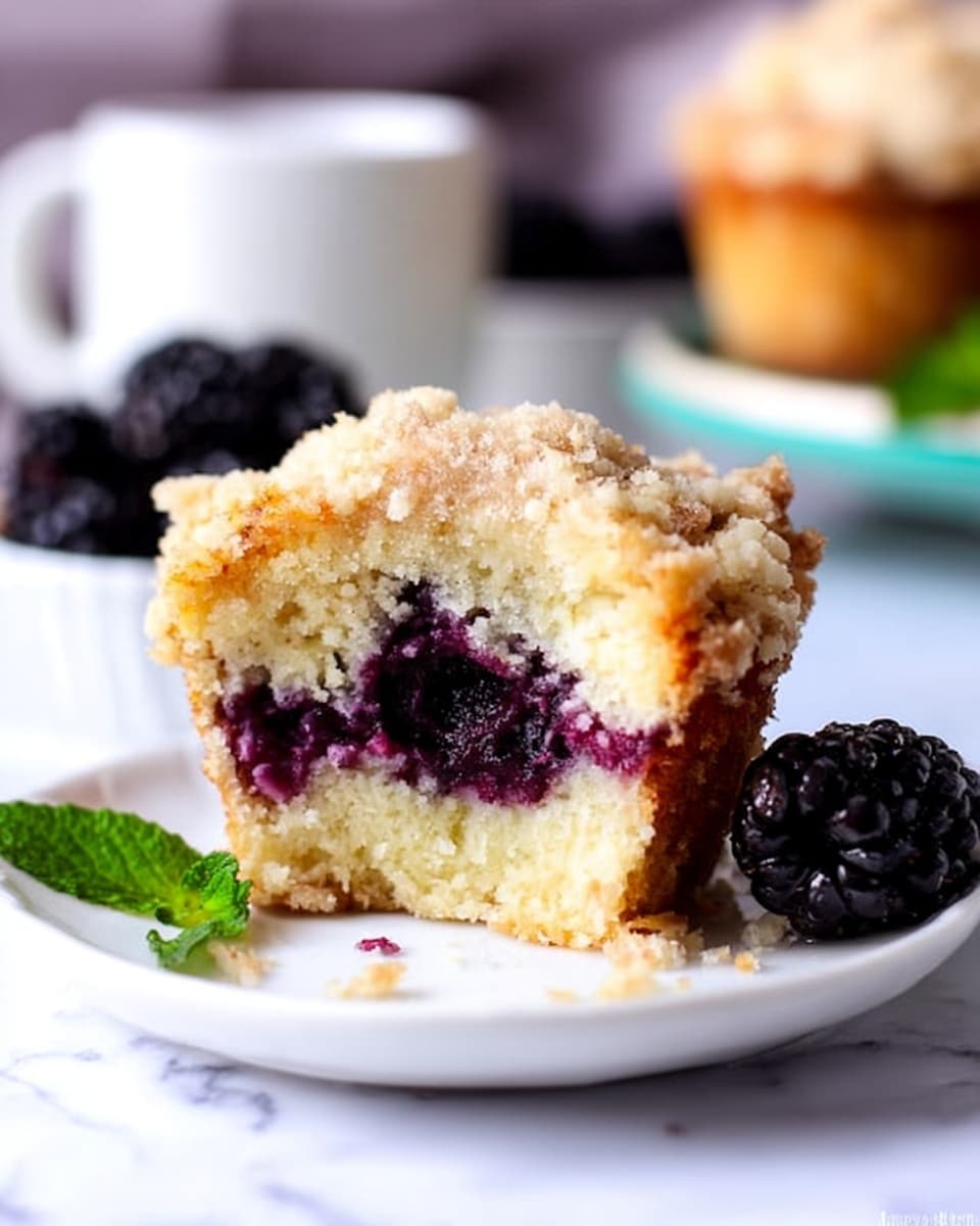 A close-up of a muffin in a bright pink liner, showing a crumbly light beige topping with small clusters of crumbs on top and some small hints of dark berries beneath the topping. The muffin sits on a white plate placed on a white marbled surface, with a blackberry and green leaves nearby. In the background, there is a blurred second muffin in a dark purple liner on a white plate. The photo taken with an iphone --ar 4:5 --v 7