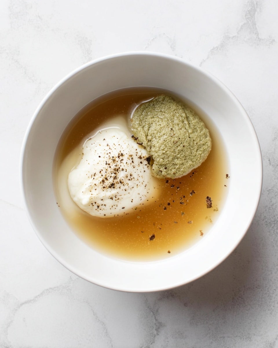 A white bowl on a white marbled surface holds three visible layers of ingredients. The bottom layer is a clear light brown broth with some small dark specks floating in it. On the right side, there is a smooth small dollop of light green paste placed slightly above the broth. On the left, a white creamy dollop with a soft texture sits partially over the broth, topped with a light sprinkle of black pepper. The composition is simple and clean, with each layer distinct but close to each other. photo taken with an iphone --ar 4:5 --v 7