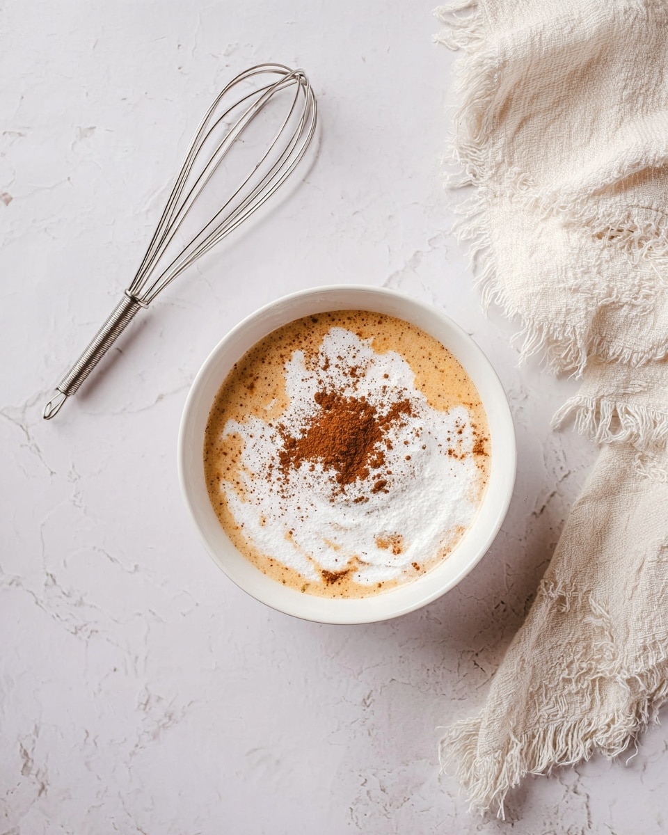 A bundt cake with a light brown, smooth glaze dripping down its ridged, golden-brown surface sits on a wooden board. The glaze has a creamy texture with slight specks, covering the top and streaming down each rounded section. Around the base, there are three sugar-coated red berries and some green rosemary sprigs for decoration. In the background on a white marbled surface, there is a clear glass cup filled with a light yellow creamy drink. A cinnamon stick lies near the bottom left corner. The whole scene is softly lit, capturing the texture and colors vividly. photo taken with an iphone --ar 4:5 --v 7