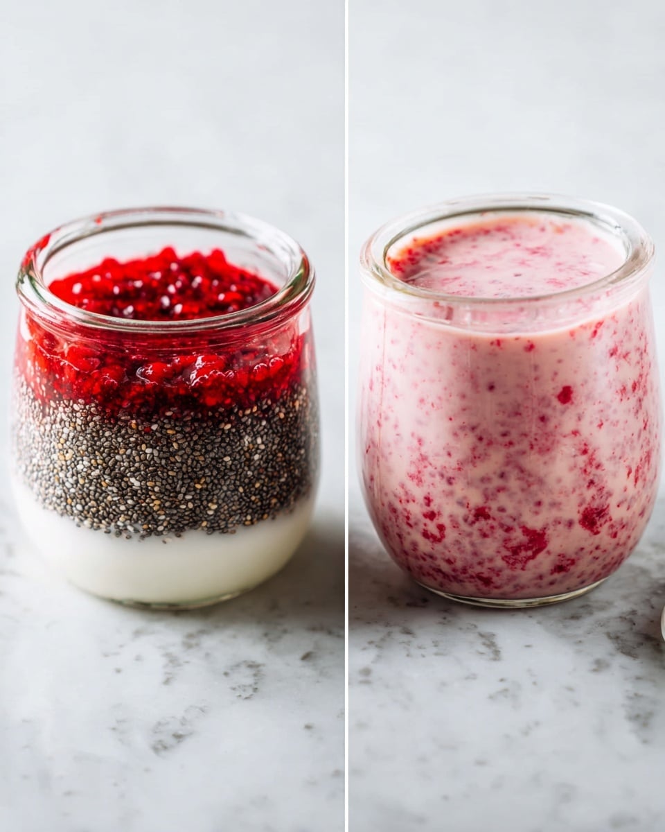 The image shows two glass jars on a white marbled surface. The left jar has three clear layers: at the bottom, a smooth white layer likely yogurt or milk; on the top left, bright red crushed fruit; and covering about half of the surface, a dense layer of small, dark chia seeds with a textured look. The right jar contains the same ingredients but mixed together, creating a pinkish creamy layer with visible chia seeds and bits of crushed red fruit scattered throughout. A white lid is partially visible near the jars. photo taken with an iphone --ar 4:5 --v 7