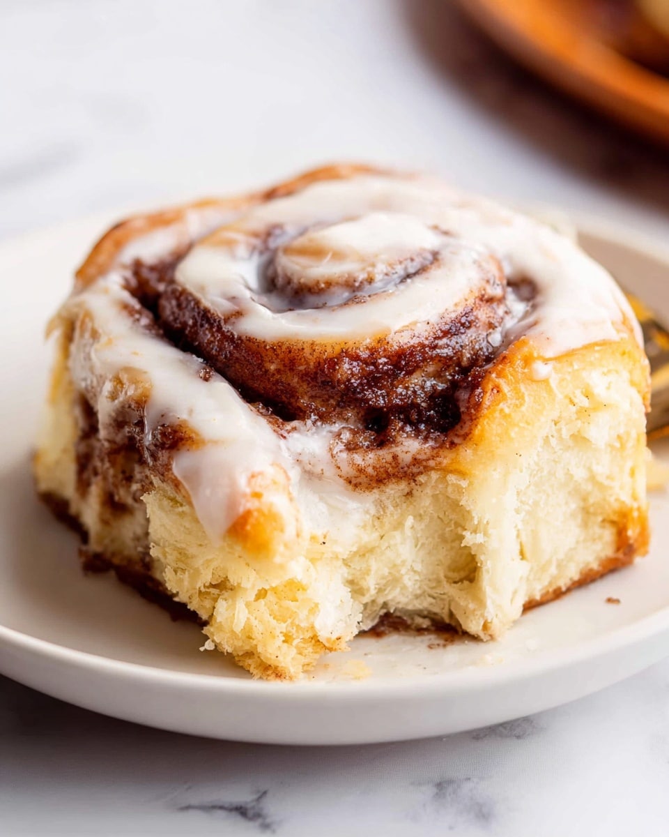 A close-up view of one cinnamon roll on a white plate, showing three main layers: the bottom layer is a soft, light golden-brown dough with a fluffy texture; the middle layer is a thick swirl of dark brown cinnamon sugar filling; and the top layer is a smooth white icing spread unevenly, with some melted parts dripping slightly onto the dough. The cinnamon roll has a bite taken from the side, revealing the inside texture. The plate is on a white marbled surface, and the image is warm and inviting. photo taken with an iphone --ar 4:5 --v 7