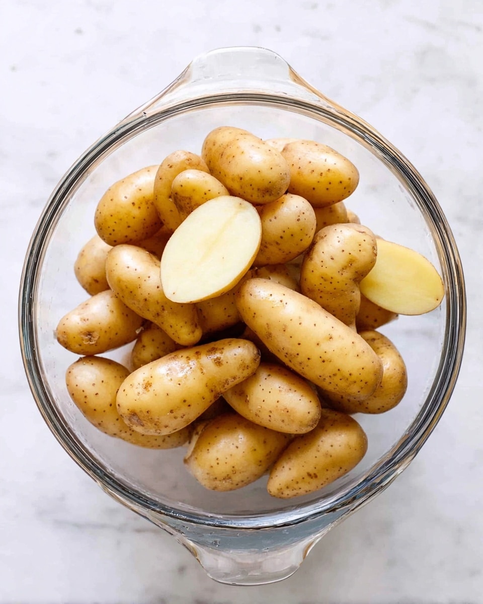 A clear glass bowl filled with a pile of small, smooth, light brown fingerling potatoes, some whole and one sliced in half showing a pale cream inside. The bowl sits on a white marbled surface. The potatoes have a slightly shiny texture with small, dark spots on their skin, creating a natural and fresh look. photo taken with an iphone --ar 4:5 --v 7