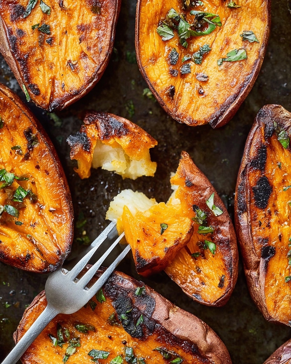 Several roasted potato halves are spread out on a baking tray, showing crispy, golden-brown edges with a slightly charred look. The potato surfaces have a rich orange-golden color with darker brown spots from roasting, and they're sprinkled with coarse sea salt and small green herb leaves. The texture looks crunchy on the outside but soft inside, with a glossy shine from the oil used in cooking. The background is a white marbled texture. photo taken with an iphone --ar 4:5 --v 7