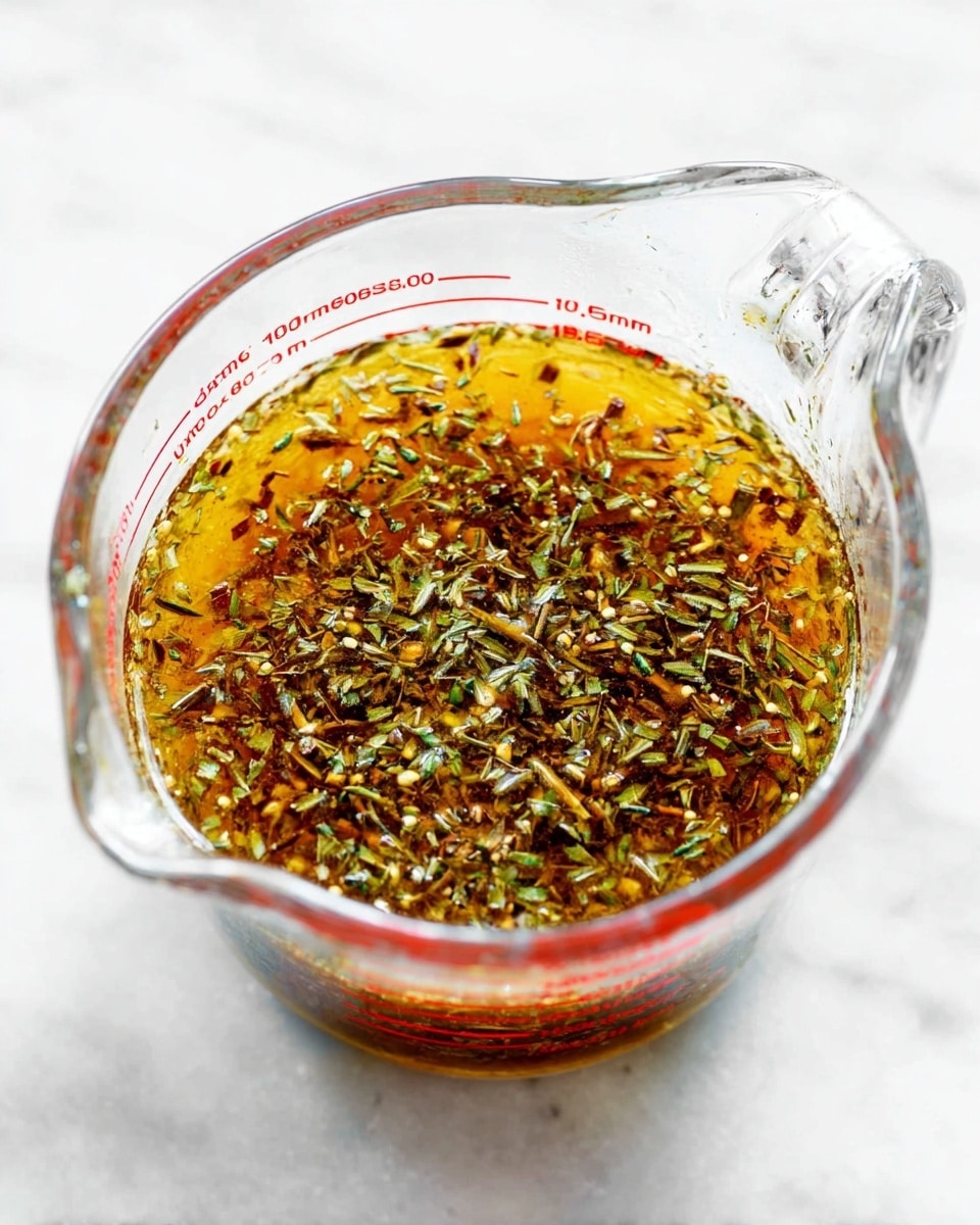 A clear glass measuring cup sits on a white marbled surface. Inside, there is a single layer of liquid marinade with a golden-brown color filled with many small green and brown herb pieces floating throughout. The texture looks oily with herbs evenly spread across the surface and some stuck to the sides of the measuring cup, which has red measurement markings on its outer edge. Photo taken with an iphone --ar 4:5 --v 7