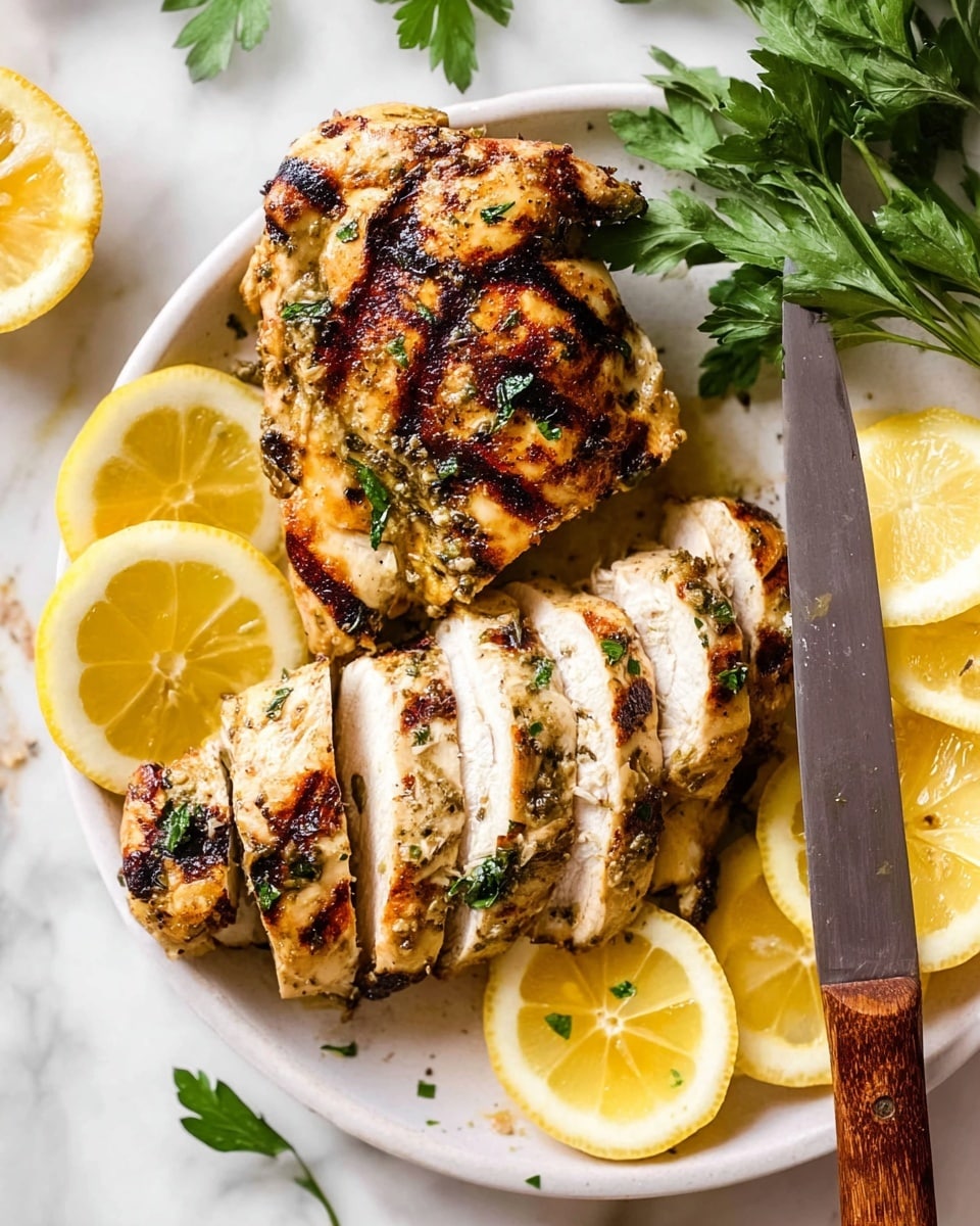 The image shows three grilled chicken pieces with clear dark grill marks on a white plate, each piece sprinkled with chopped green herbs. Around and slightly under the chicken pieces are six lemon wedges with bright yellow skin and juicy, pale yellow flesh. The plate sits on a wooden board and a white marbled surface with some green herb sprigs visible in the background. A knife with a wooden handle rests partially on the plate near the chicken. The lighting is bright and natural, highlighting the juicy texture of the grilled chicken and the freshness of the lemons. Photo taken with an iphone --ar 4:5 --v 7