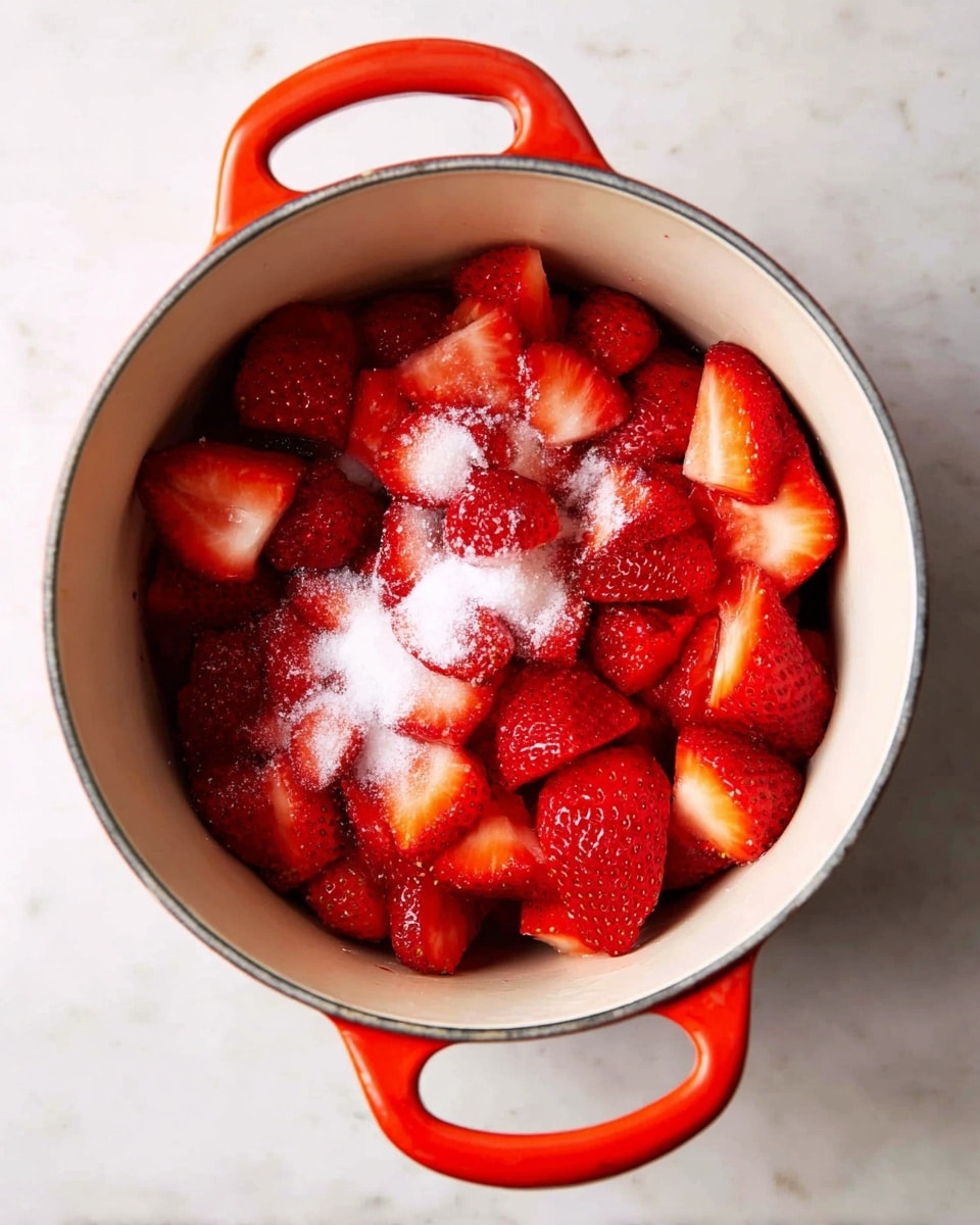 Inside a white enamel pot with bright red handles, there is one visible layer of sliced fresh strawberries, which are a deep red with juicy texture, topped with a scattering of white granulated sugar that slightly covers the strawberries beneath. The pot sits on a white marbled surface, creating a clean and fresh background. Photo taken with an iphone --ar 4:5 --v 7