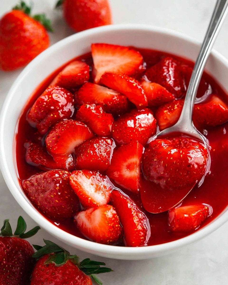 A white bowl filled with many bright red strawberries that have been cut into halves or smaller pieces. The strawberries are covered in a shiny, thick red syrup that makes them look wet and juicy. A silver spoon rests inside the bowl, partially submerged in the syrup and strawberries. The bowl sits on a white marbled surface with a few whole strawberries at the bottom left corner. photo taken with an iphone --ar 4:5 --v 7