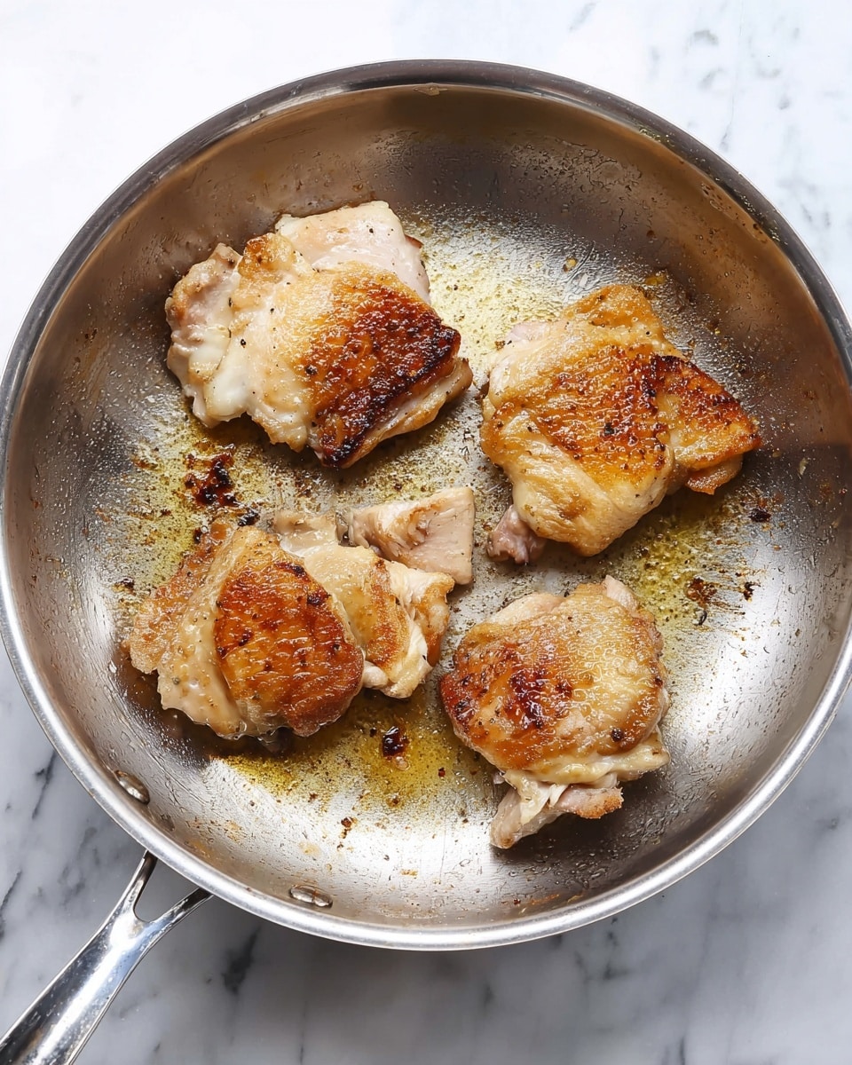 A stainless steel pan contains four pieces of cooked chicken thighs arranged in a loose circle, each showing a golden-brown top side with slight charring and a lightly seared texture. The chicken pieces have a light beige to golden color with hints of crisp edges. The pan's surface has some small browned spots and oily residue around the chicken, indicating frying. The pan is placed on a white marbled surface. photo taken with an iphone --ar 4:5 --v 7