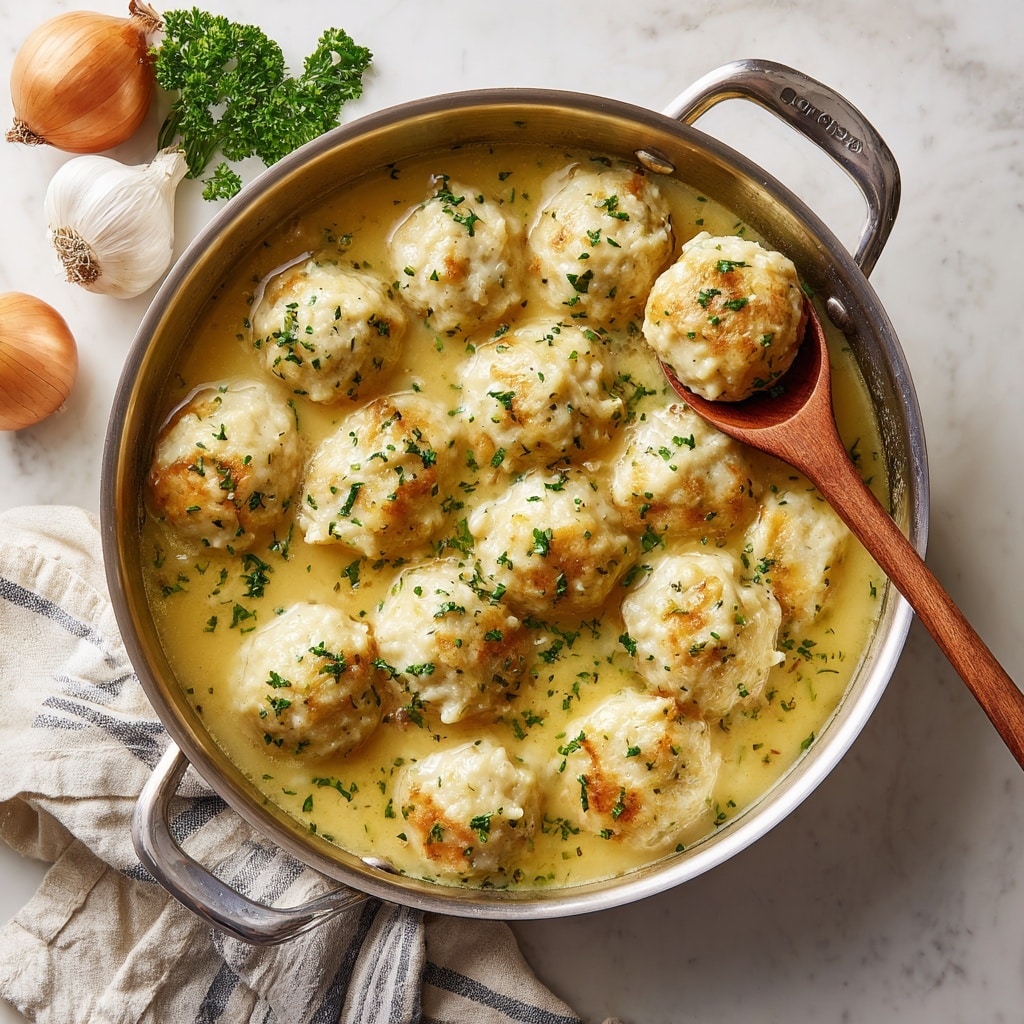 A white bowl filled with a thick creamy stew that has five large, soft dumplings on top, sprinkled with chopped green herbs and black pepper. The stew is light beige with visible pieces of diced orange carrots, pale green celery, and light tan cooked chicken chunks spread evenly throughout the creamy base. A silver spoon rests inside the bowl on the right side. The bowl sits on a white marbled surface with a blue and white striped cloth partially visible on the left, and some green leaves on the right side. photo taken with an iphone --ar 4:5 --v 7